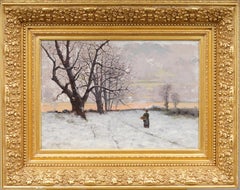 Antique American Impressionist Winter Landscape Signed Framed Oil Painting