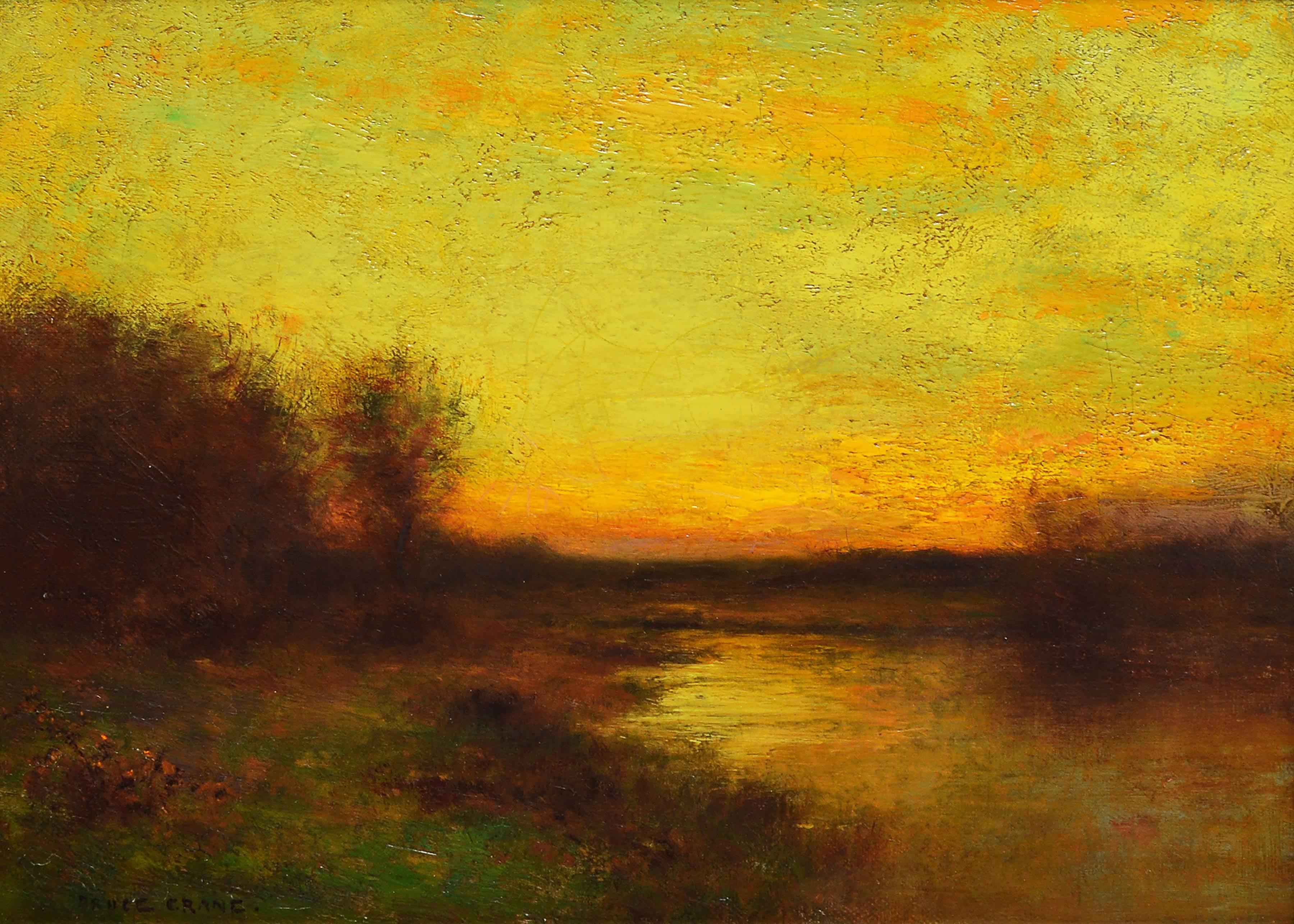 Tonalist sunset landscape by Bruce Crane (1857-1937).  Oil on canvas, circa 1890. Signed lower left, 
