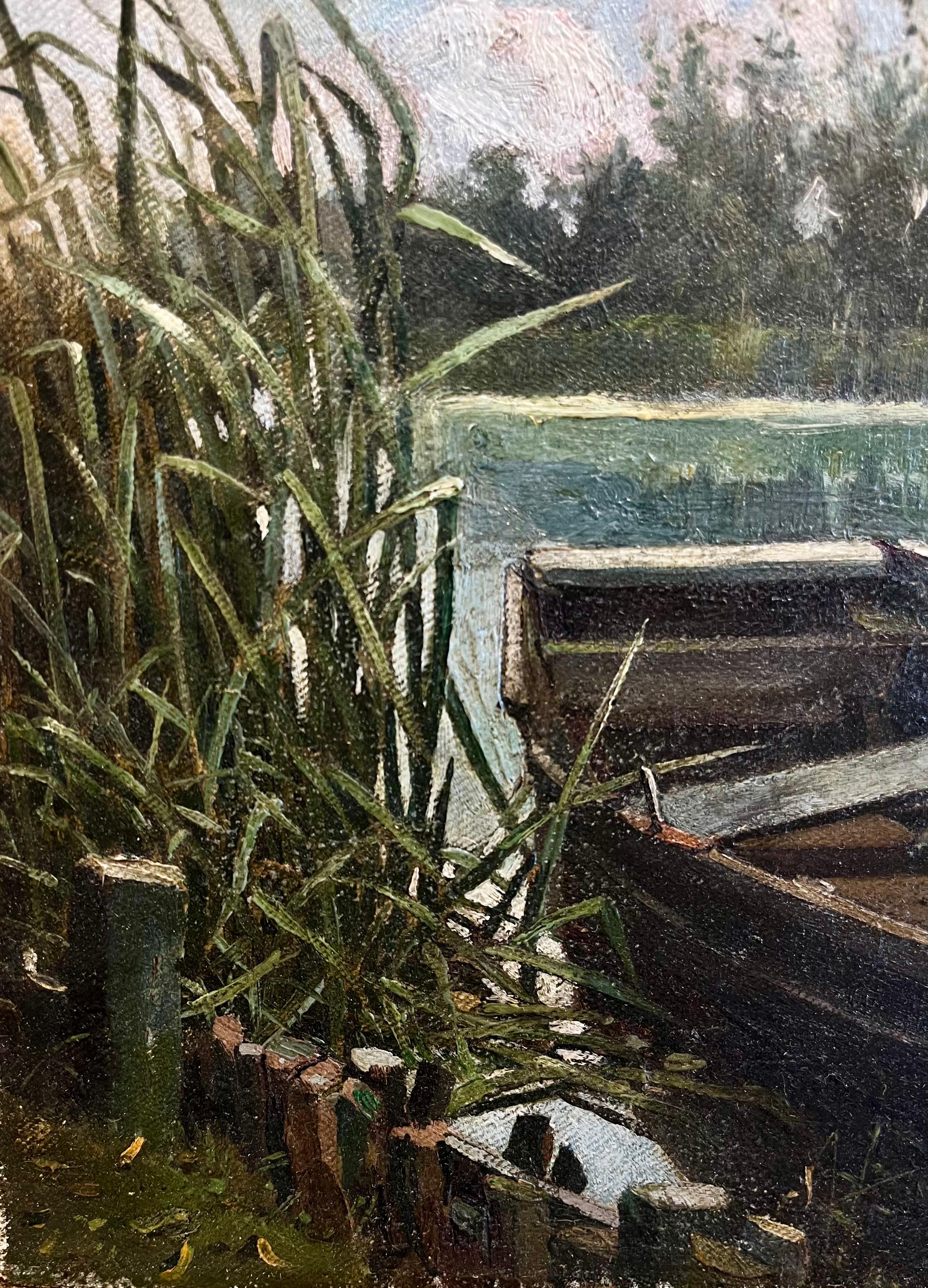 Barca attraccata lungo la riva - Painting di Bruce Crane