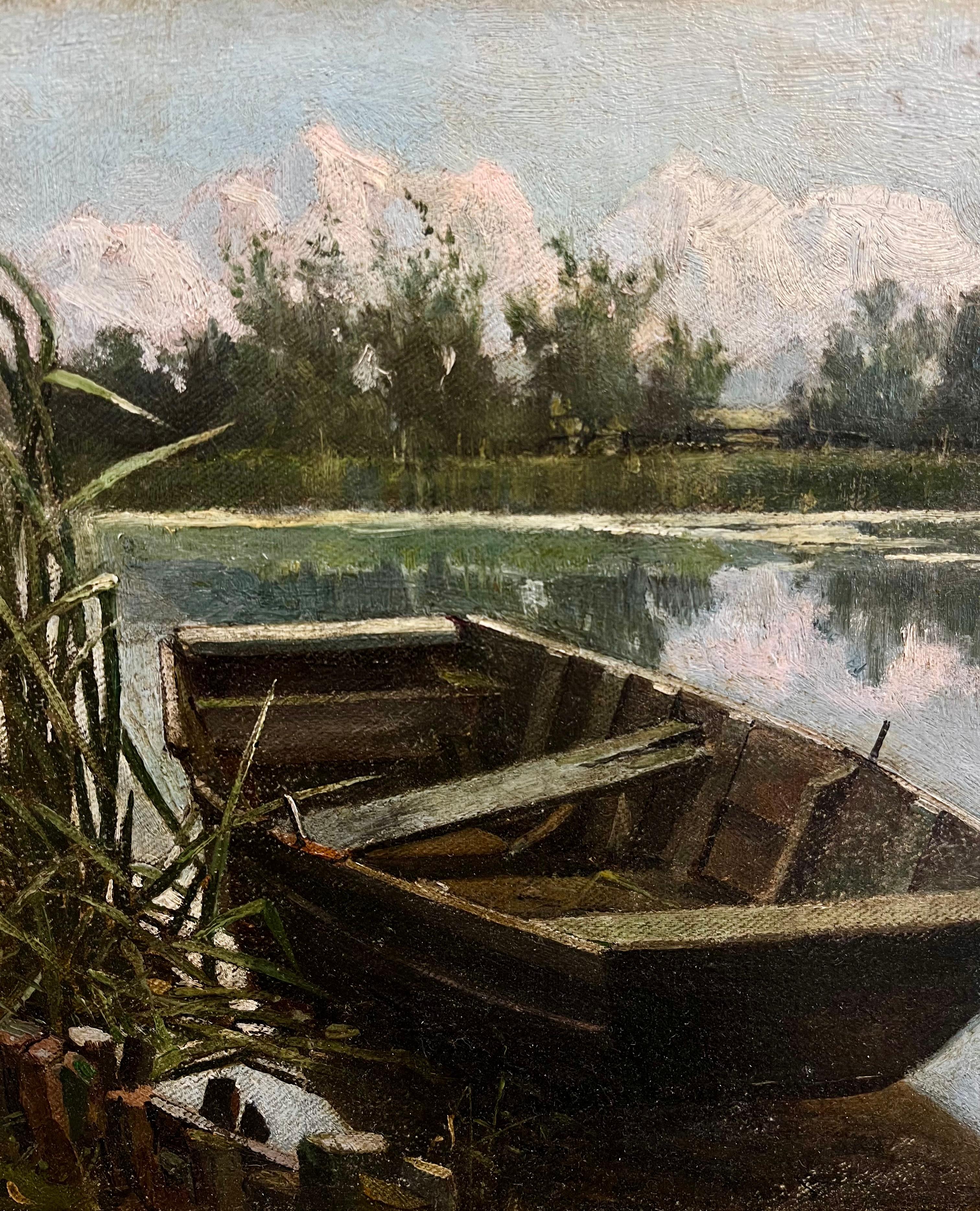 Barca attraccata lungo la riva - Painting Hudson River School di Bruce Crane
