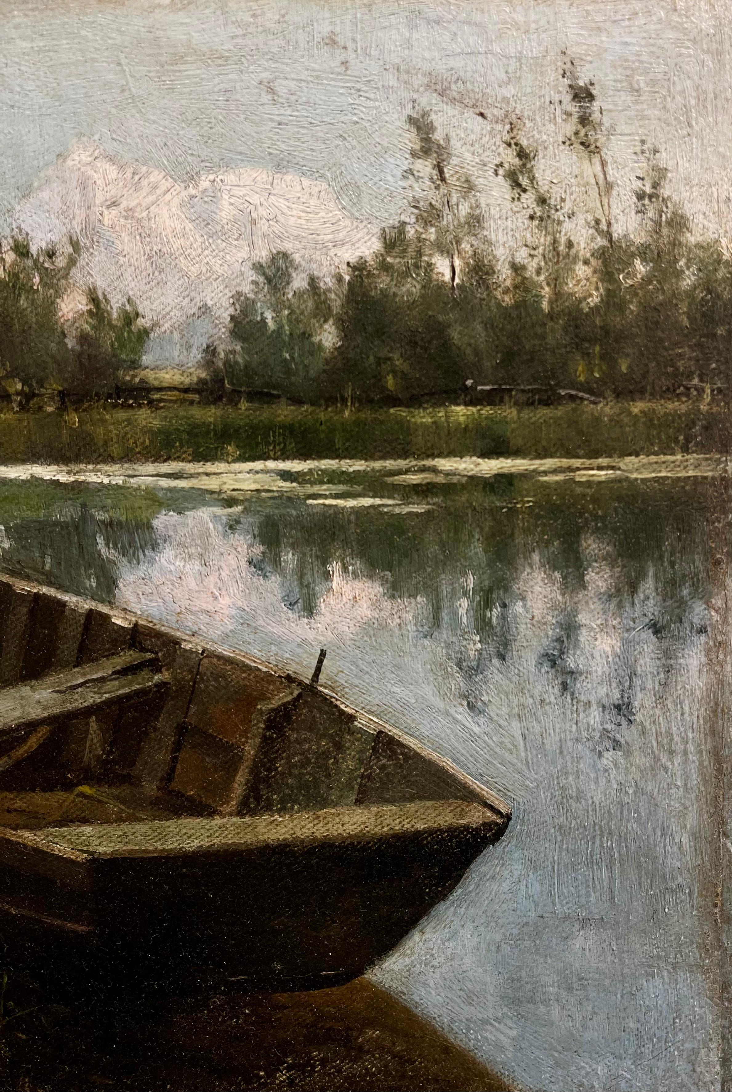 Barca attraccata lungo la riva - Landscape Painting Nero di Bruce Crane