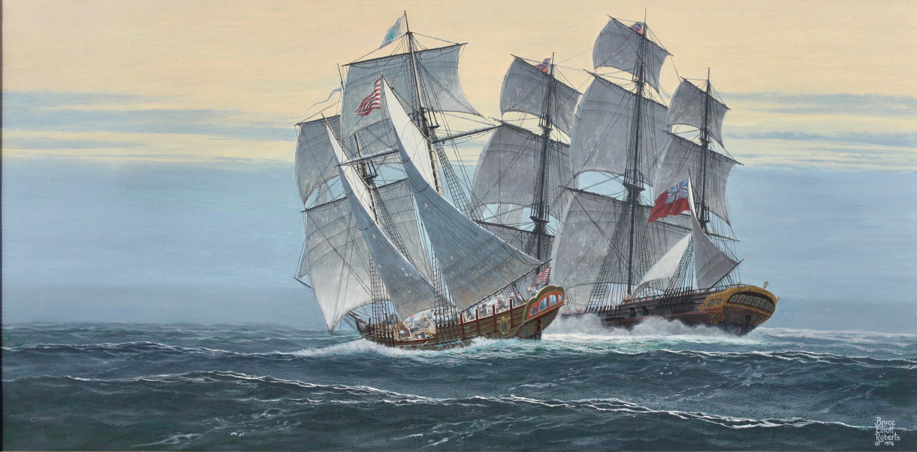 Bruce Elliot Roberts (1910)
'The Capture of a Powdership'
Oil on canvas 
Signed Bruce Elliot Roberts and dated 1976 (lower right) 
signed again and titled (on the reverse) 
Capture of a Powdership/Franklin vs. H.M. Hope/by Bruce Elliot