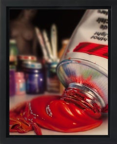 Photorealist red paint tube, "Studio VI", acrylic on cradled hardboard