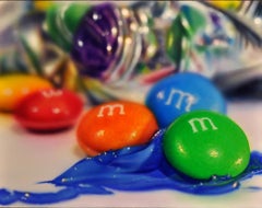Photorealist Still Life with blue orange green, "Studio XVIII (M&M's)"