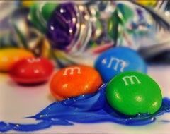 Photorealist Still Life with blue orange green, "Studio XVIII (M&M's)" 