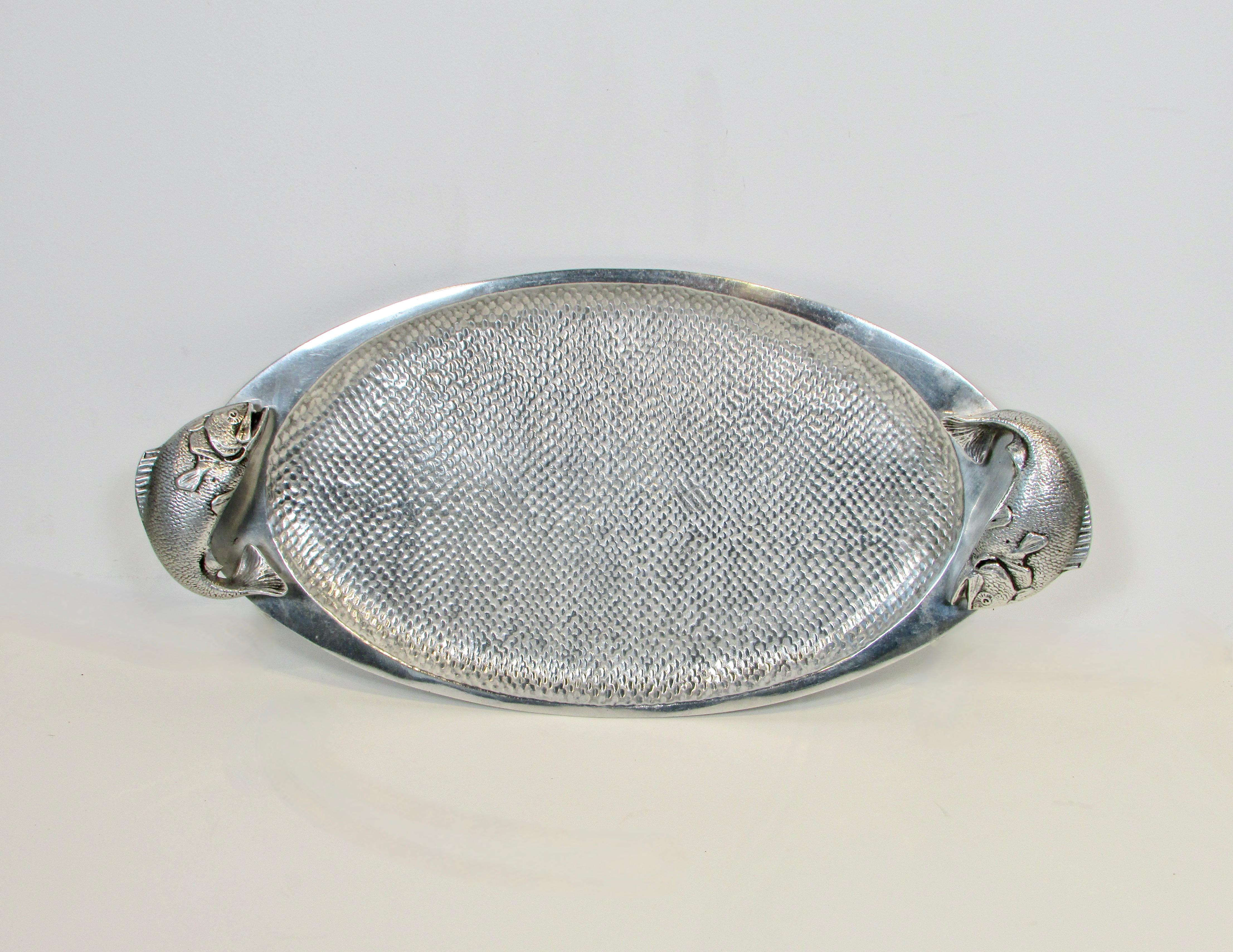 Polished cast Aluminum tray with fish handles . Nicely cast  oval tray marked Bruce Fox Design Wilton Columbia Pa.