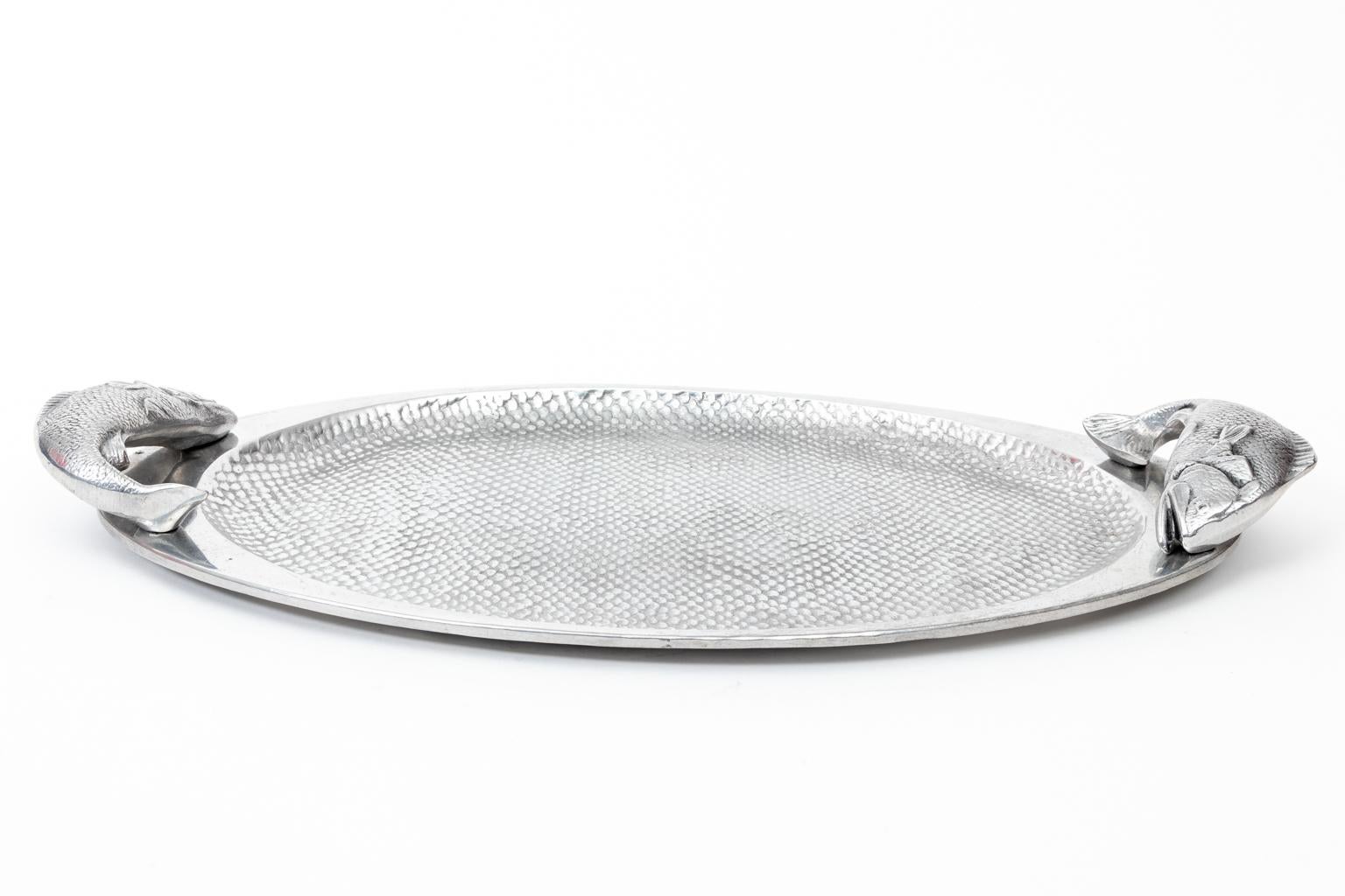 Circa 1970s Bruce Fox design aluminum serving platter. Fish handles. Circa 1970s. Wiltonware. Signed. Discontinued. Made in the United States. Please note of wear consistent with age.