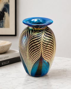 Bruce Freund Signed Iridescent Pulled-Feather Studio Art Glass Vase, 1985