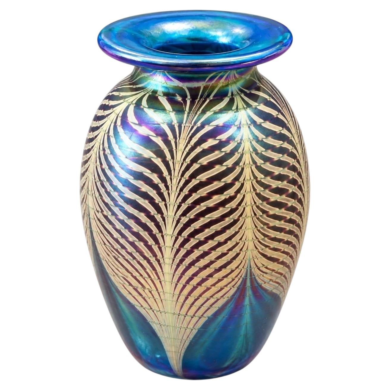 Bruce Freund Signed Iridescent Pulled-Feather Studio Art Glass Vase, 1985 For Sale