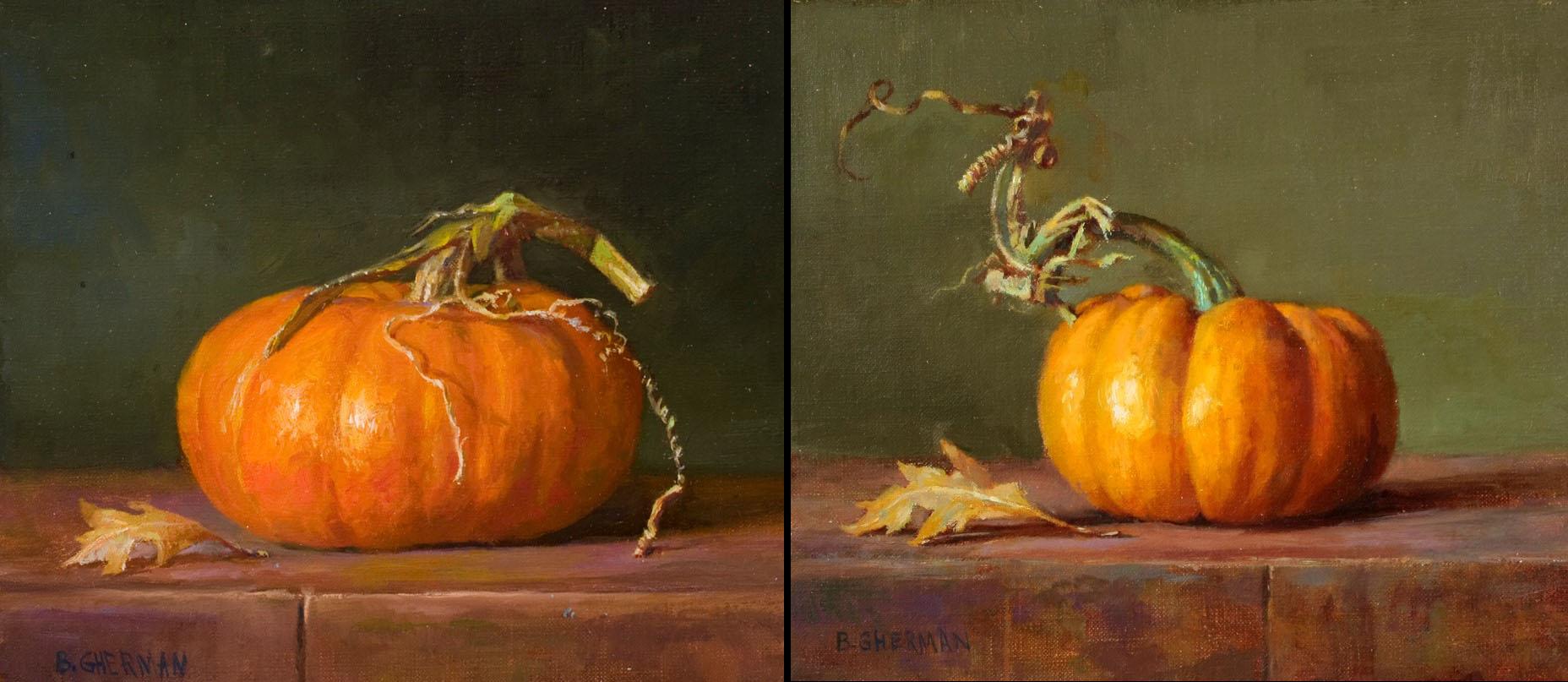 Due zucche arancioni Realistico Natura Morta Pittura Coppia