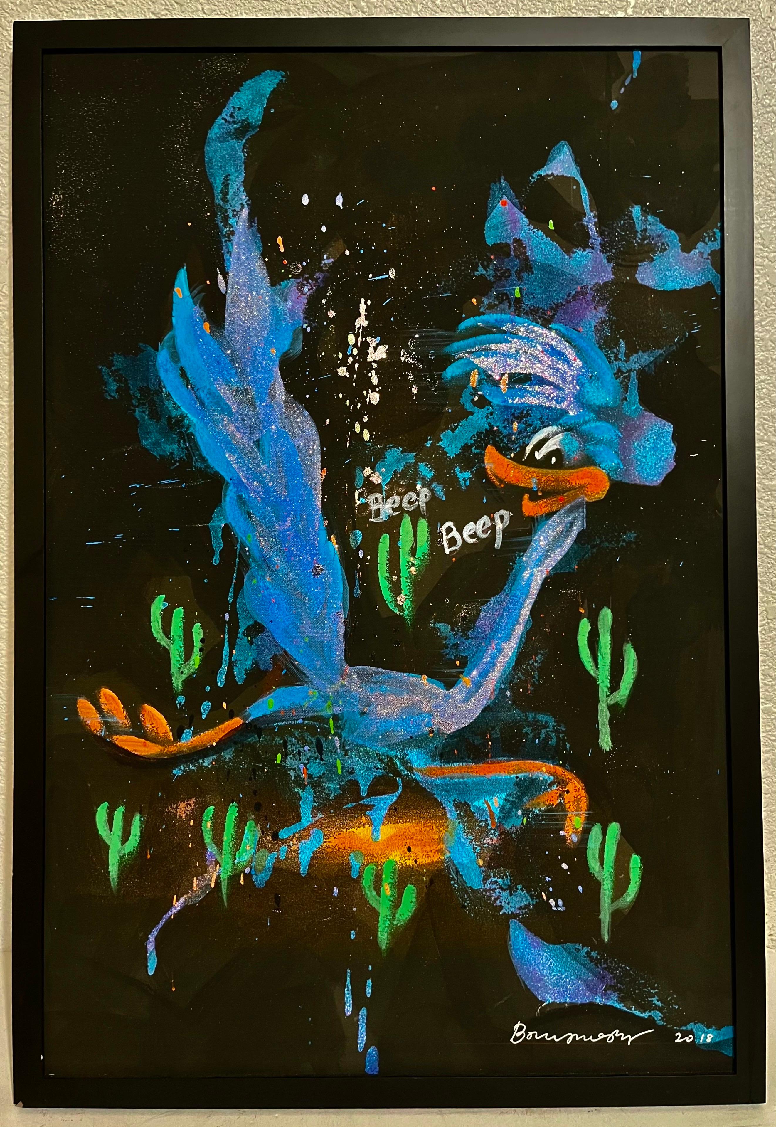 Bruce Helander Correcaminos Caricatura Pintura Técnica Mixta, Purpurina Florida Pop Art 1