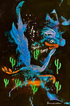 Bruce Helander Road Runner Cartoon Mixed Media Painting, Glitter Florida Pop Art