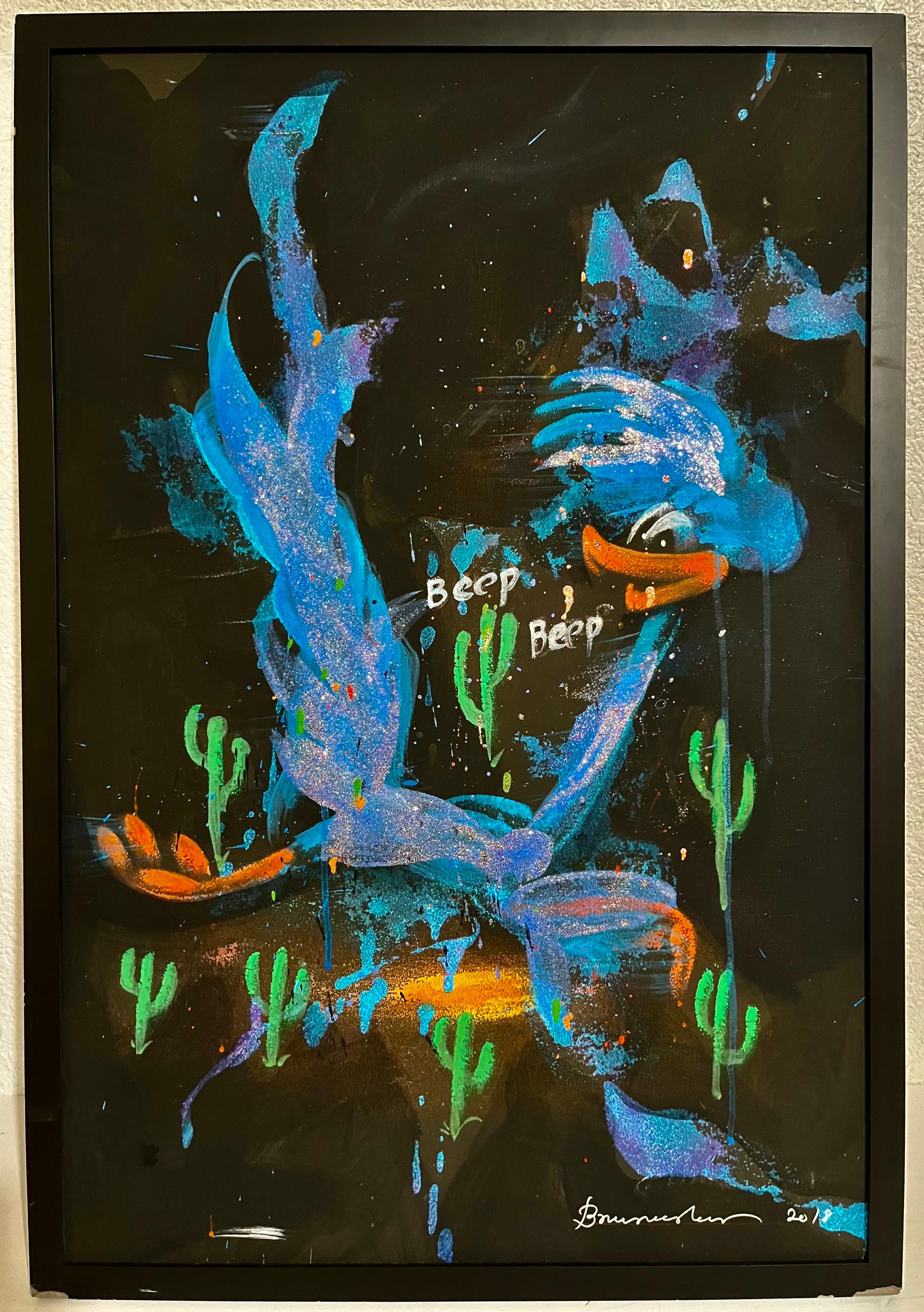 Bruce Helander Road Runner Mixed Media Painting with Glitter Florida Pop Art For Sale 1