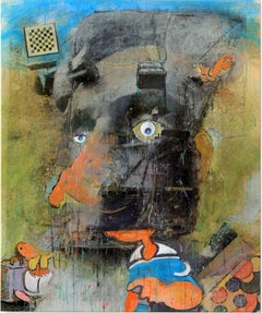 Lincoln Blinkin' (Paper Collage, Contemporary Narrative, Black, Blue, Orange)