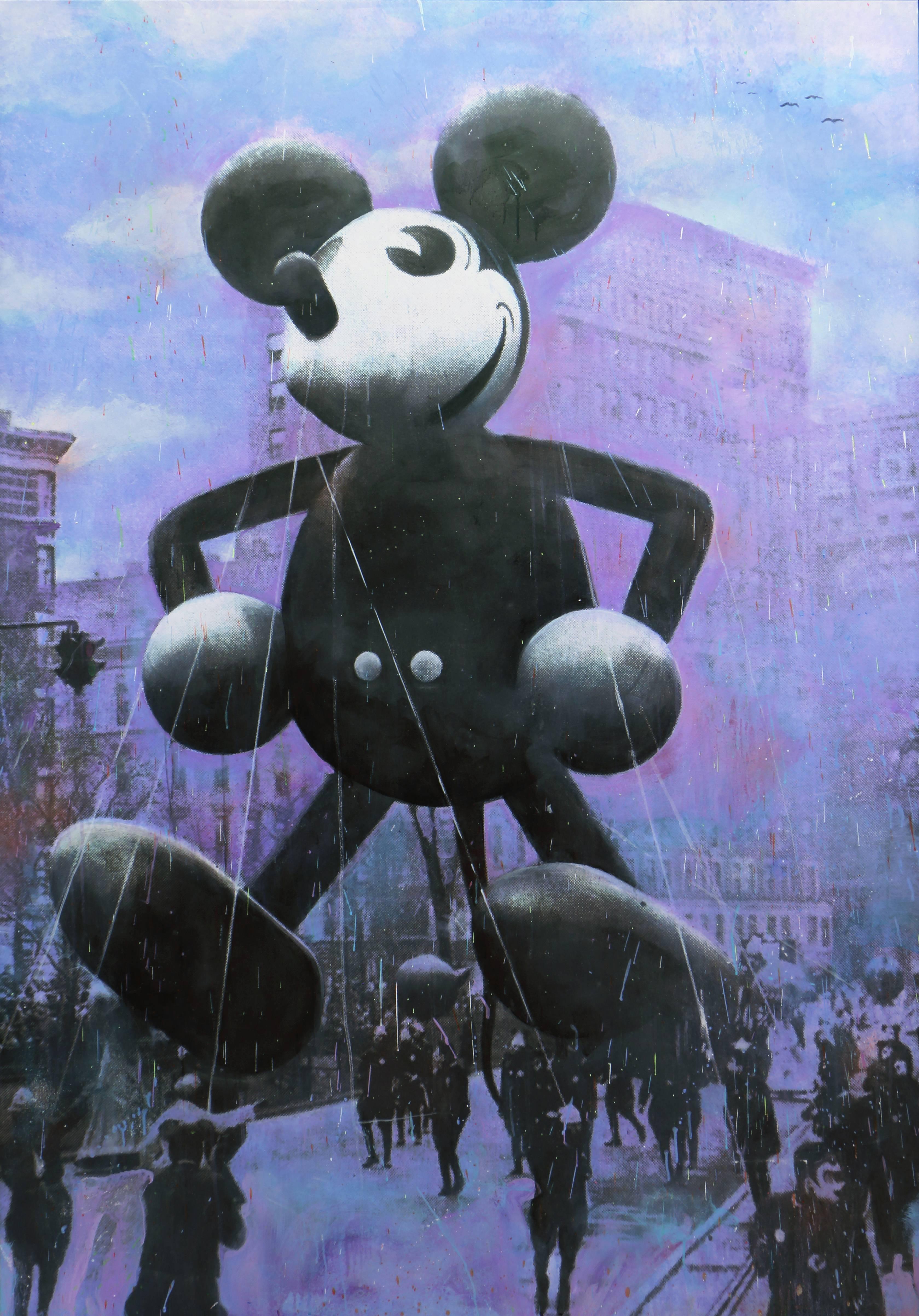 Bruce Helander Abstract Painting - Macy's Mickey Mouse (Purple, Blue, Black, Contemporary Narrative Painting)