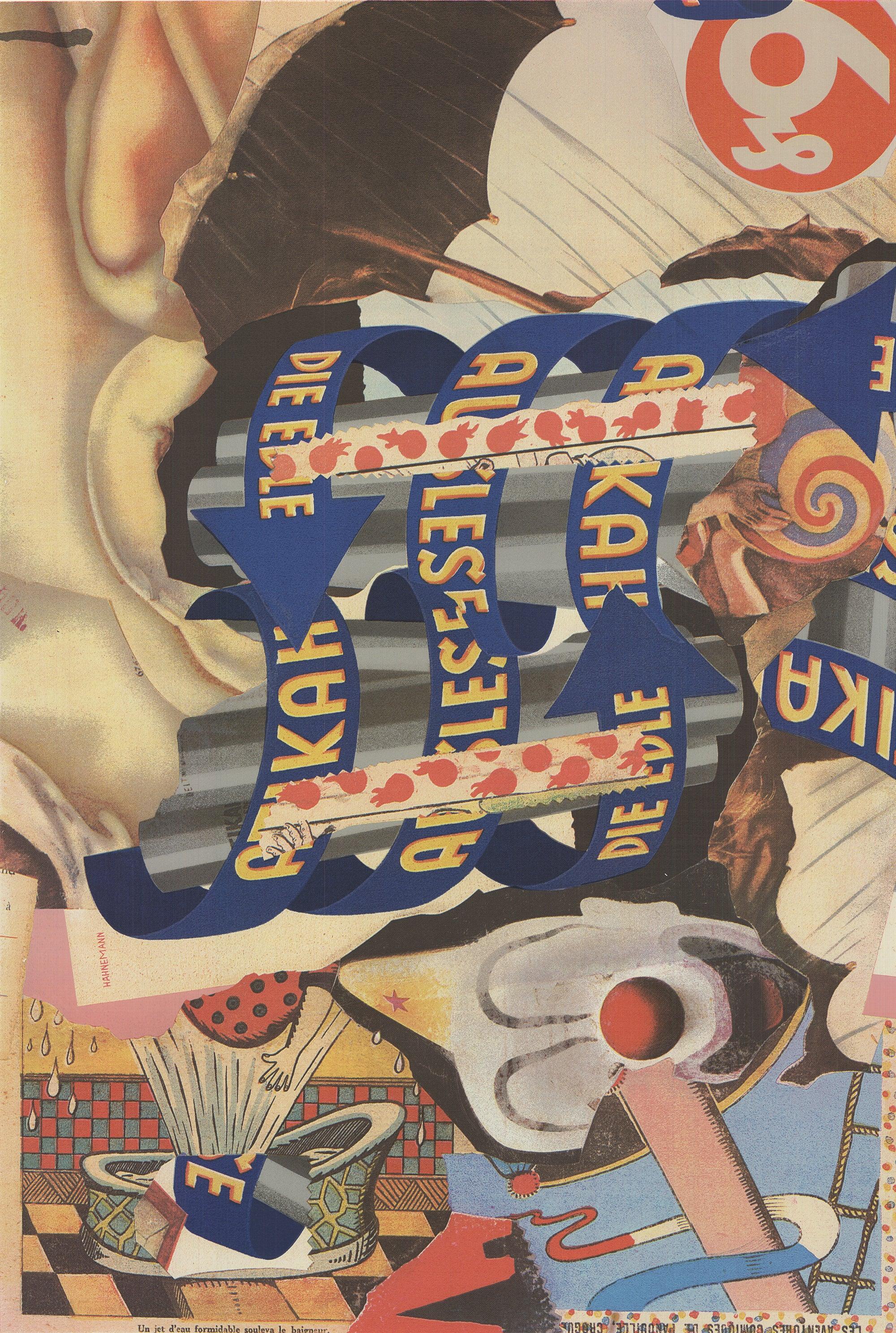 The piece Storm Showers by Bruce Paul Helander, featuring a bather in a bathtub with water surging upwards, interweaves advertising elements in a collage-like style reminiscent of pop art, adding a surreal twist to the scene. The printed French text