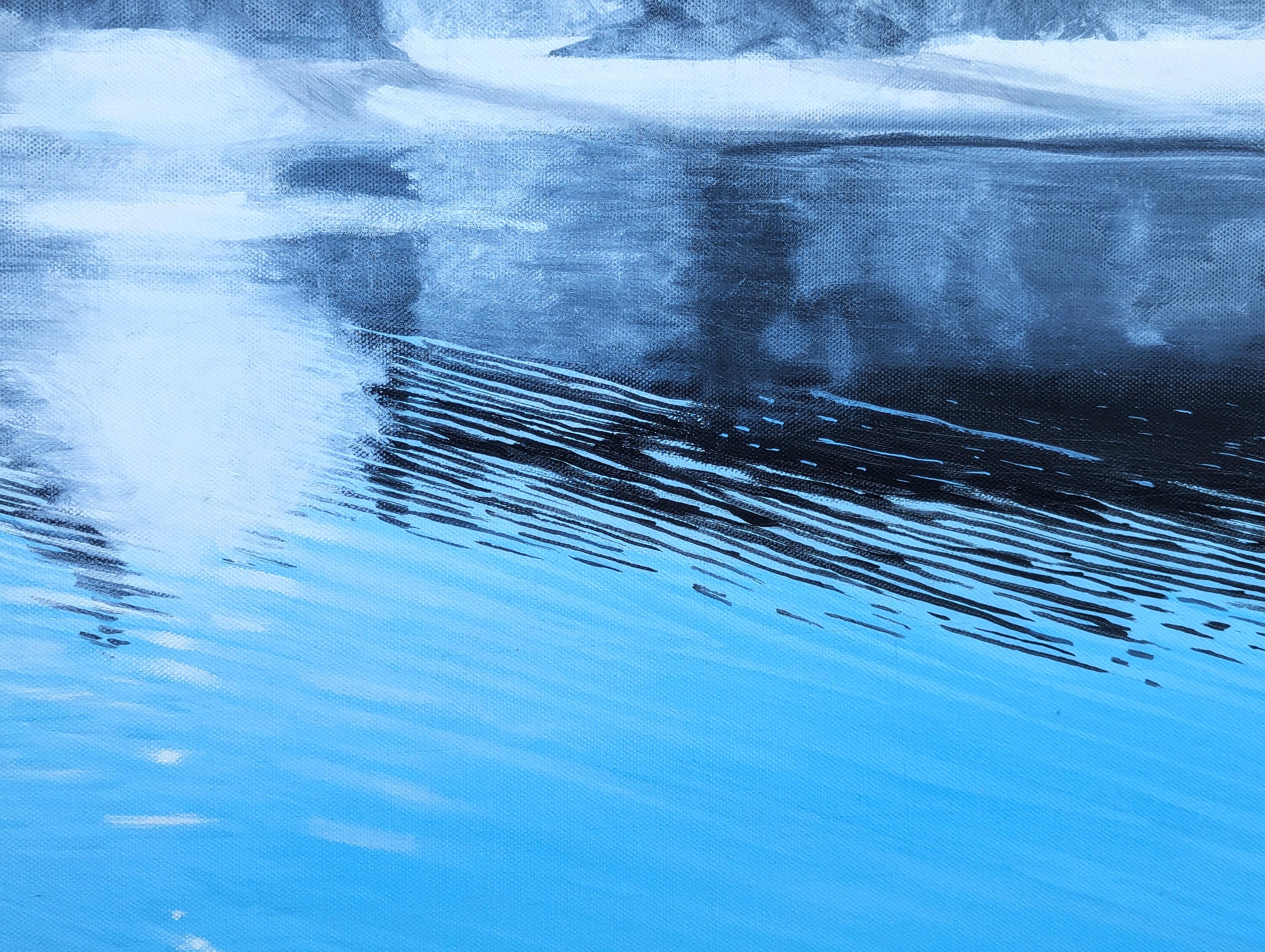 Contemporary Blue Toned Realistic Forest Lake Landscape Nature Painting (Pittura contemporanea di un lago boscoso) in vendita 8