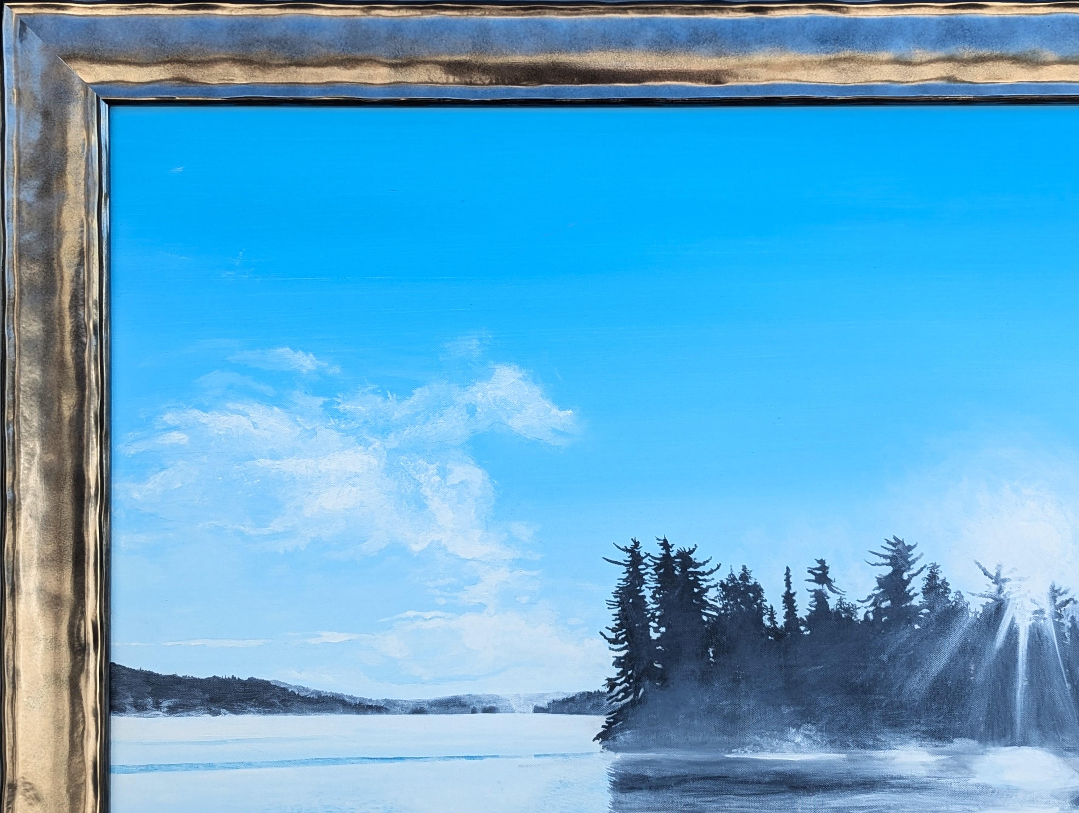 Contemporary Blue Toned Realistic Forest Lake Landscape Nature Painting (Pittura contemporanea di un lago boscoso) in vendita 1