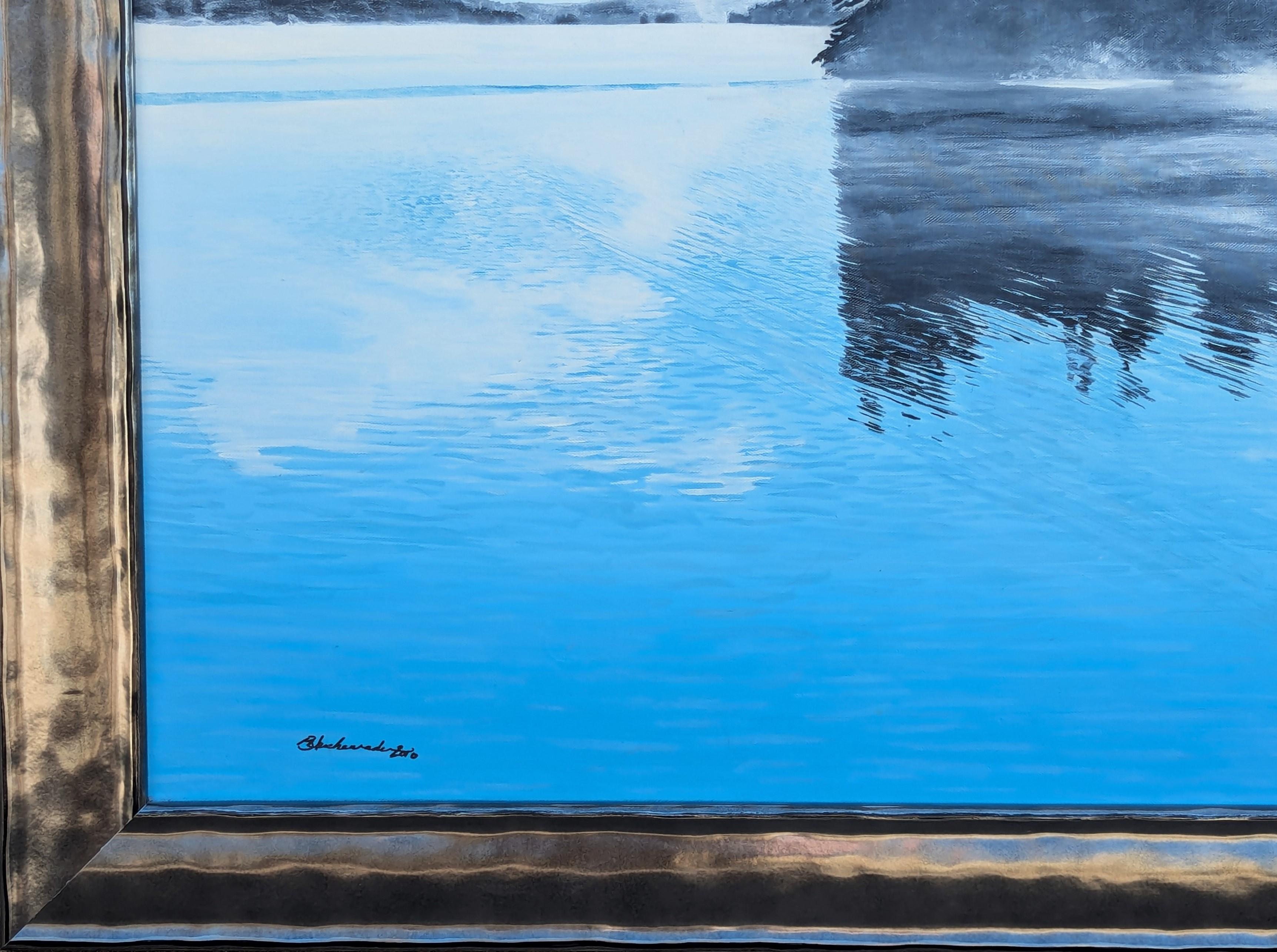 Contemporary Blue Toned Realistic Forest Lake Landscape Nature Painting (Pittura contemporanea di un lago boscoso) in vendita 4