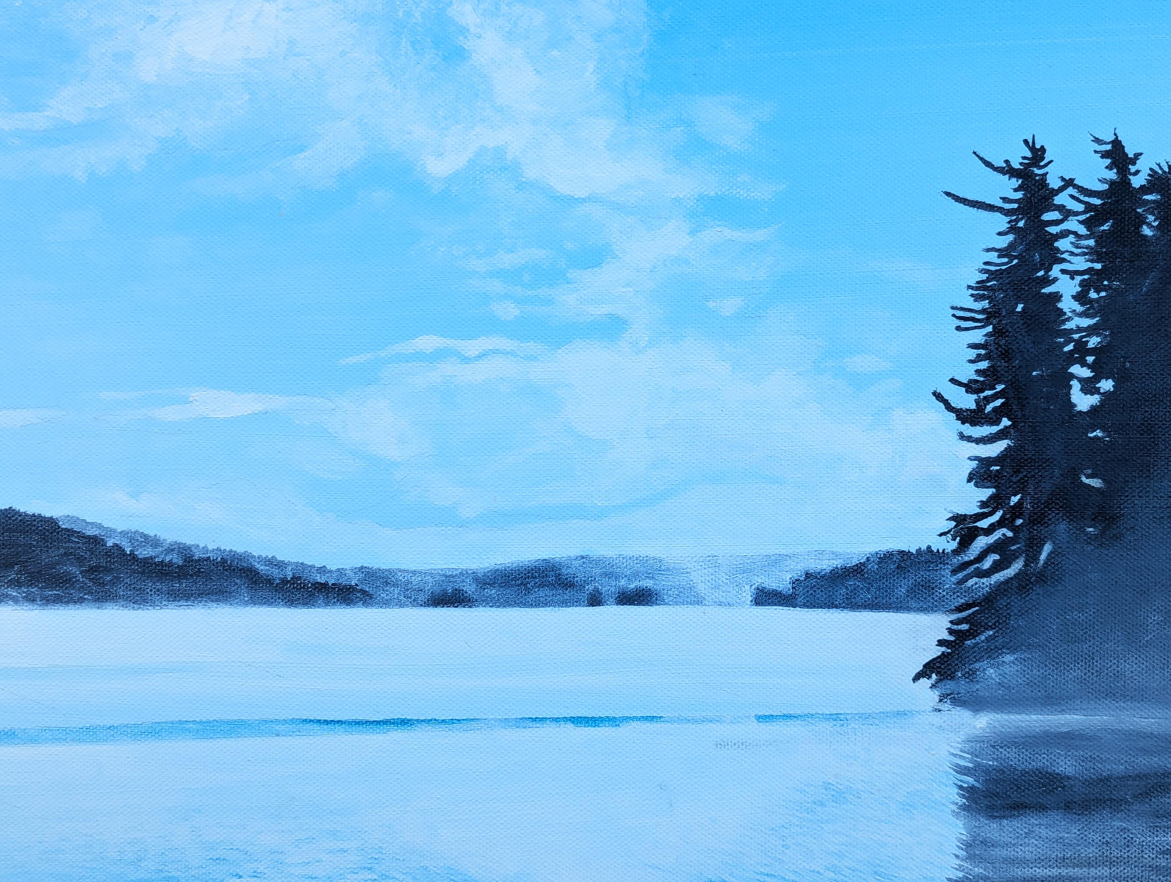Contemporary Blue Toned Realistic Forest Lake Landscape Nature Painting (Pittura contemporanea di un lago boscoso) in vendita 6