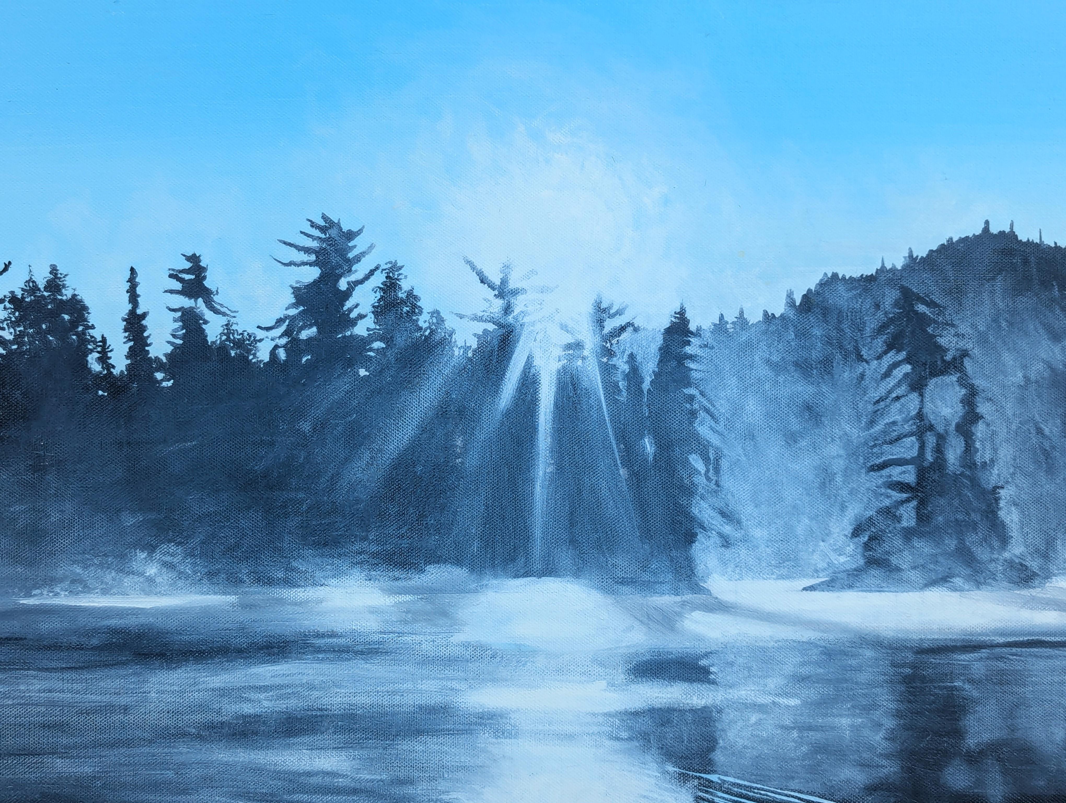 Contemporary Blue Toned Realistic Forest Lake Landscape Nature Painting (Pittura contemporanea di un lago boscoso) in vendita 7