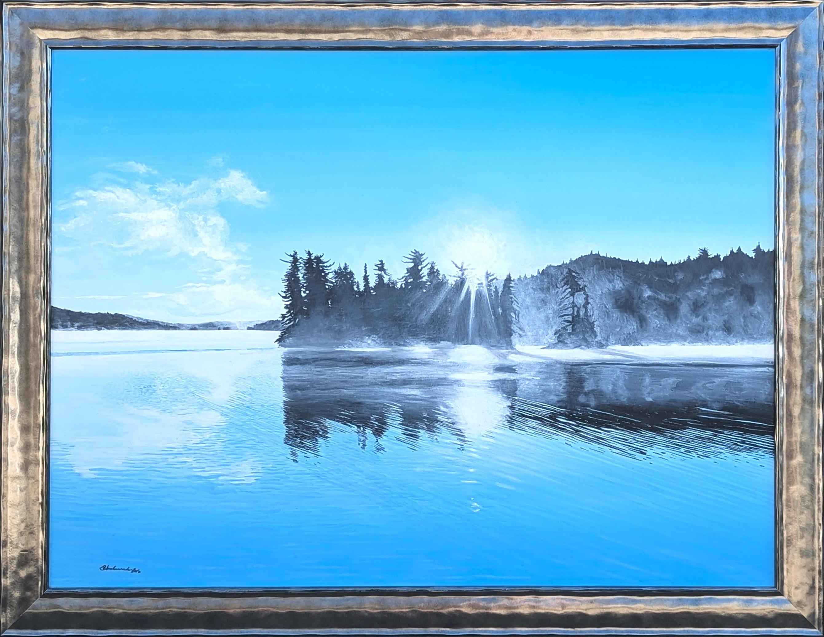 Peinture contemporaine réaliste en tons bleus d'un paysage de lac boisé Nature