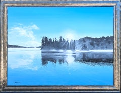 Peinture contemporaine réaliste en tons bleus d'un paysage de lac boisé Nature