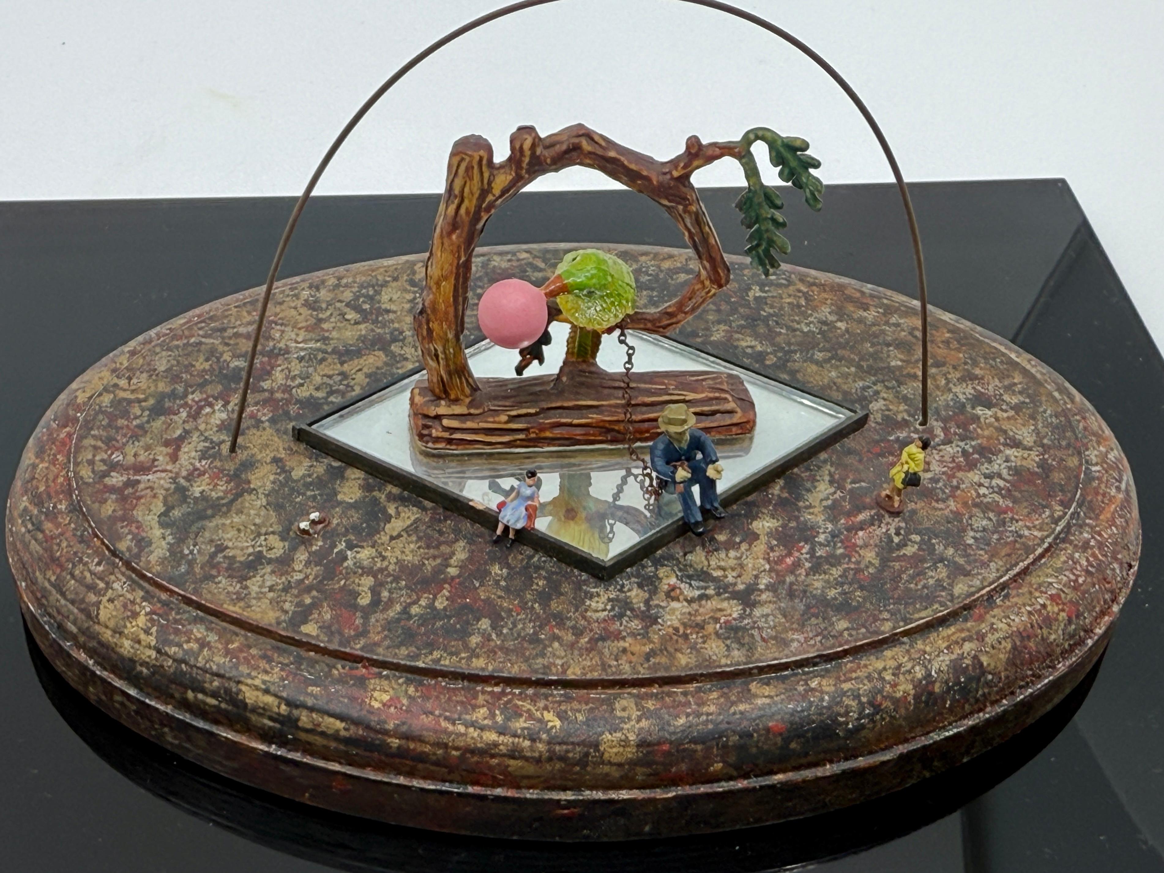 Hand-Crafted Bruce Houston Miniature Folk Art Man Chained by Parrot For Sale