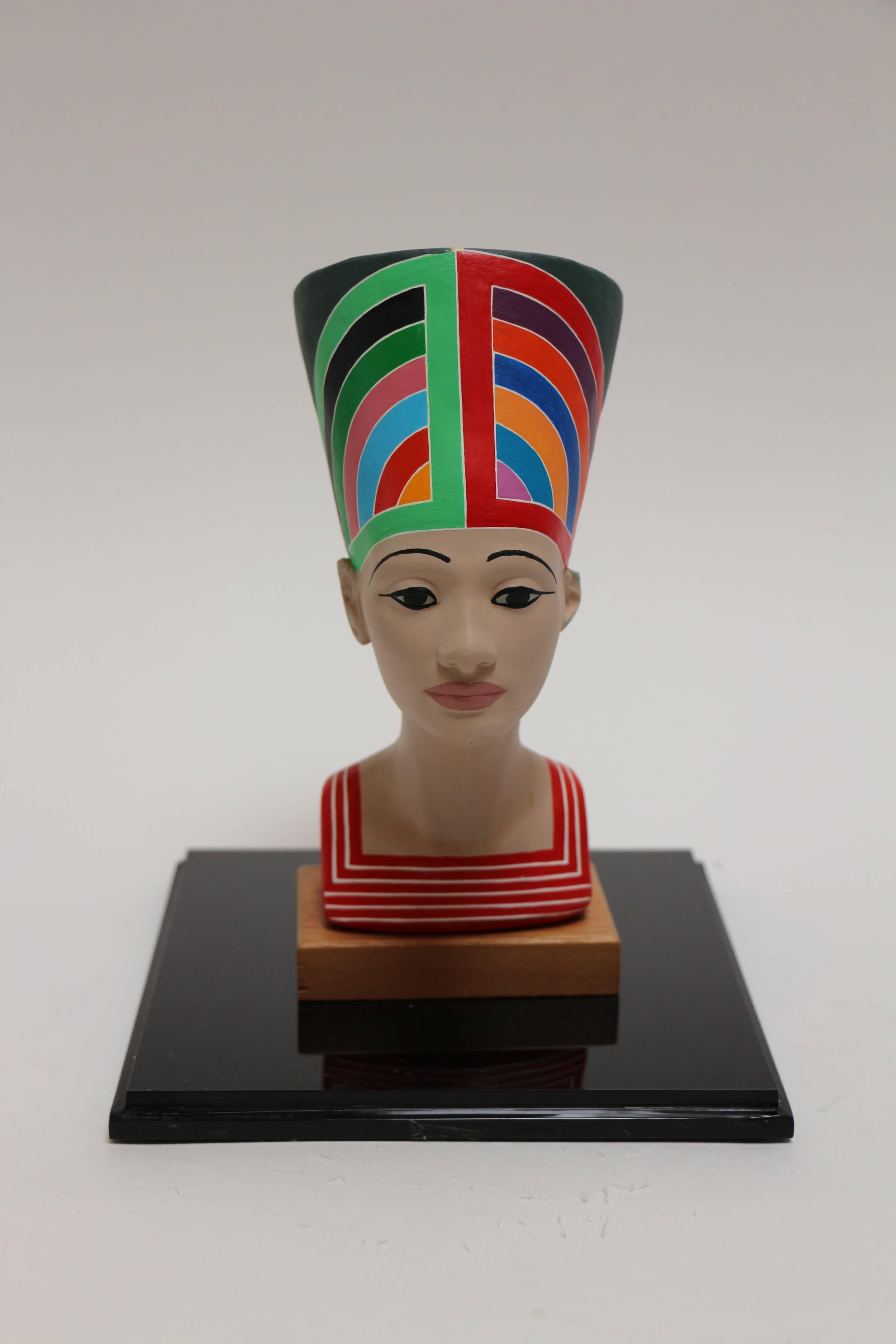 Bruce Houston Figurative Sculpture - Stella's Nefertete, statue of Nefertete with Frank Stella themed attire