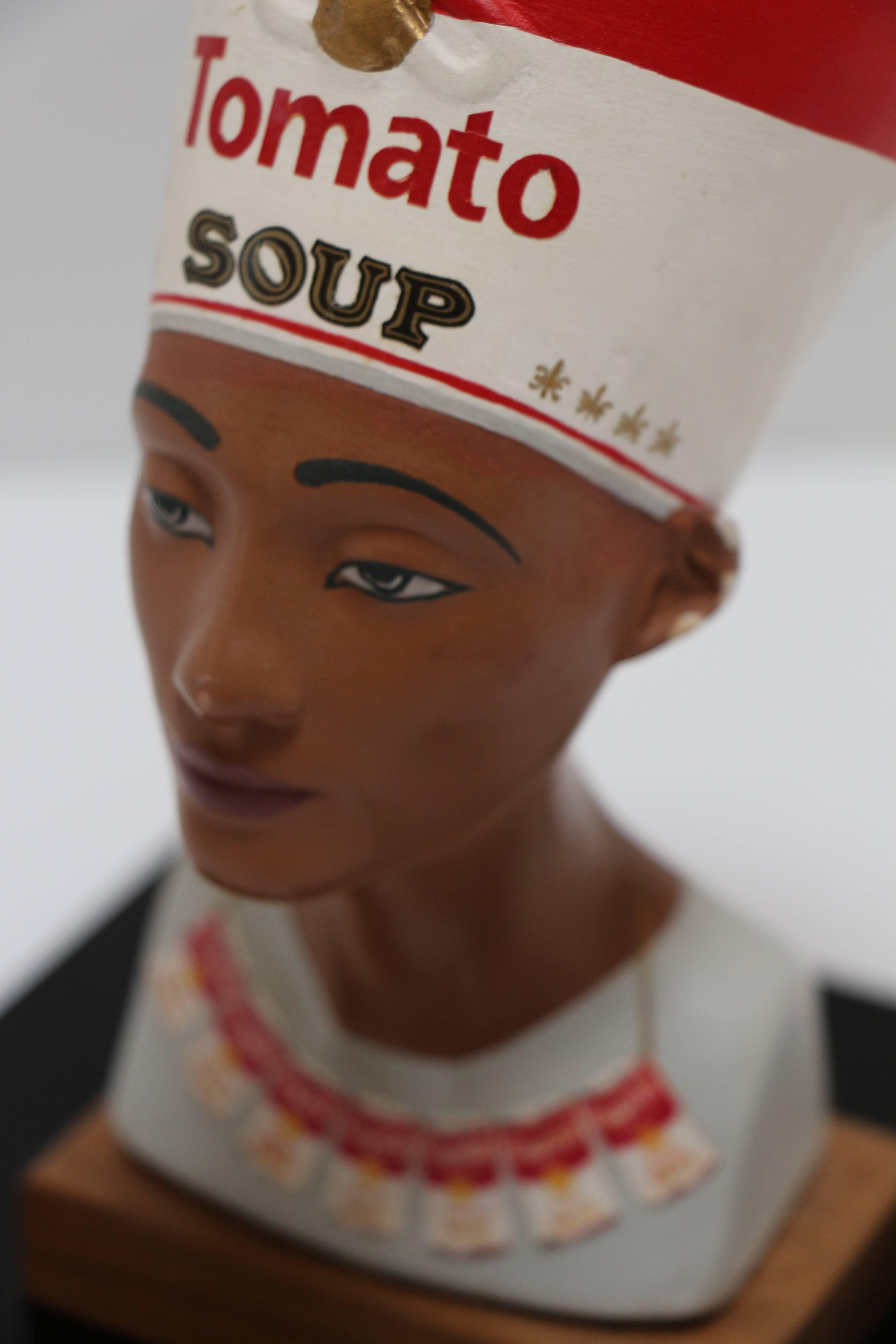 Warhol's Nefertete, statue of Nefertete with Andy Warhol soup themed attire For Sale 5