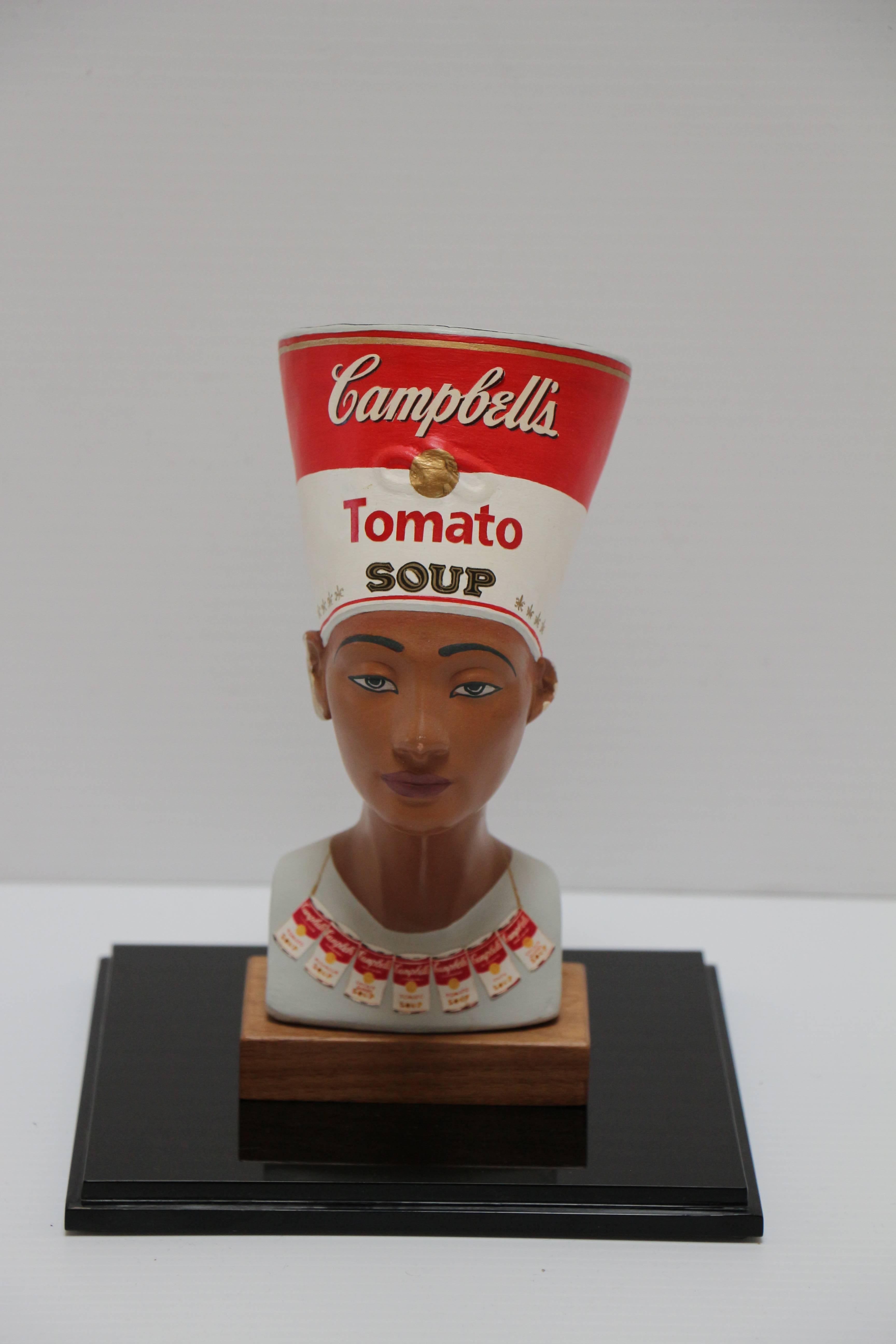 Warhol's Nefertete, statue of Nefertete with Andy Warhol soup themed attire - Sculpture by Bruce Houston