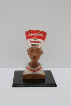 Vintage Warhol's Nefertete, statue of Nefertete with Andy Warhol soup themed attire