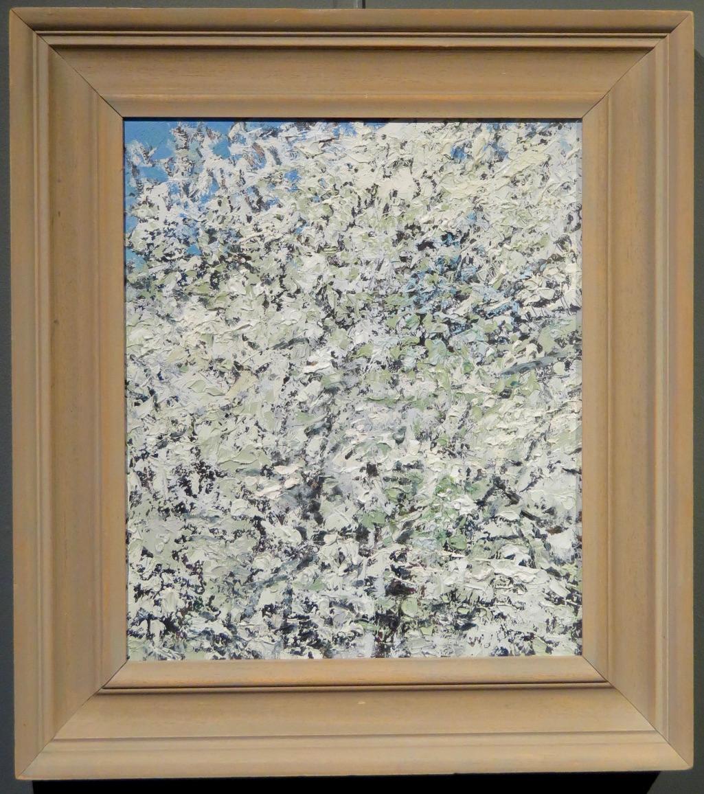 ARTIST: Bruce Killeen (1926-2014) British

TITLE: “Flowering Hawthorns”

SIGNED: verso

MEDIUM: oil on board

SIZE:  49cm x 43cm inc frame

CONDITION: excellent

PRICE: £290

DETAIL: Painter, lecturer, writer on art and film-maker, born in