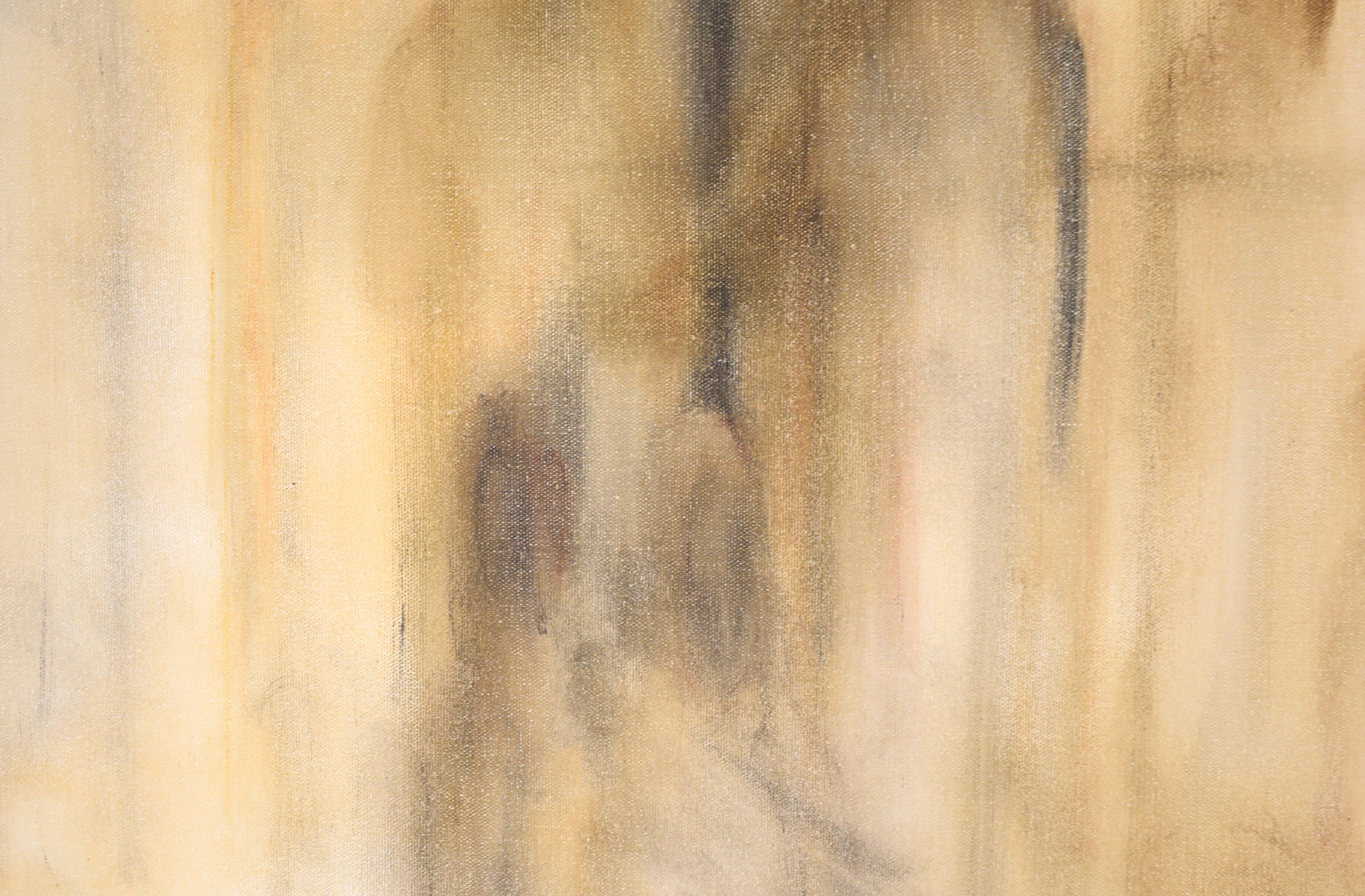 Abstraktes figuratives Werk von Bruce Killiam (Amerikaner, 20. Jahrhundert). Figuren tauchen aus dem Nebel auf und bilden eine ätherische, stimmungsvolle Komposition aus subtilen Tönen von Hellbraun, Grau, Braun und Gelb. Die Figuren wirken fast wie