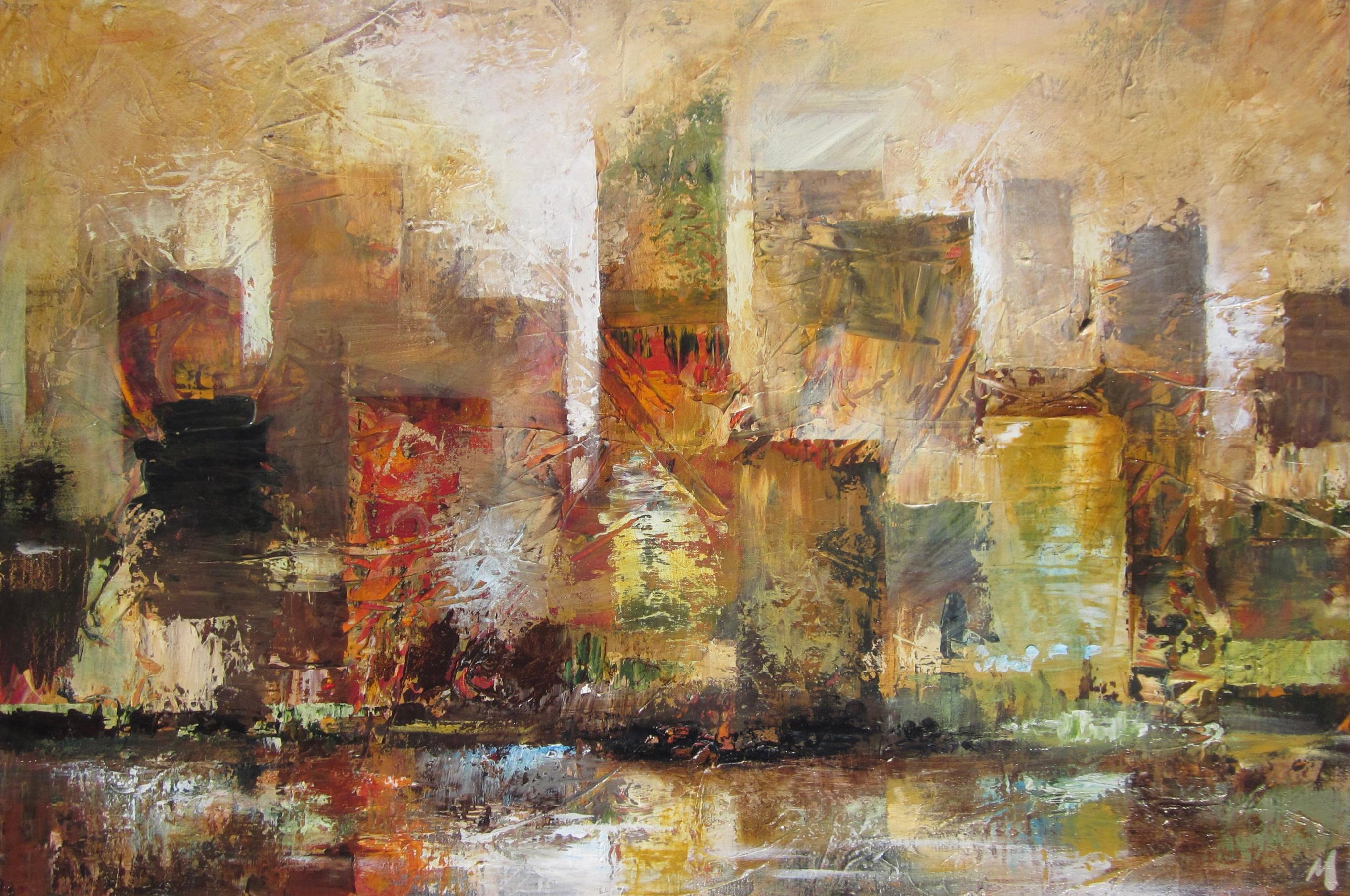 Urban Ease (Zeitgenössische farbige impressionistische Stadtlandschaft, Originalöl) – Painting von bruce marion