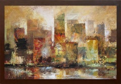 Urban Ease (paysage urbain impressionniste contemporain coloré, huile originale)
