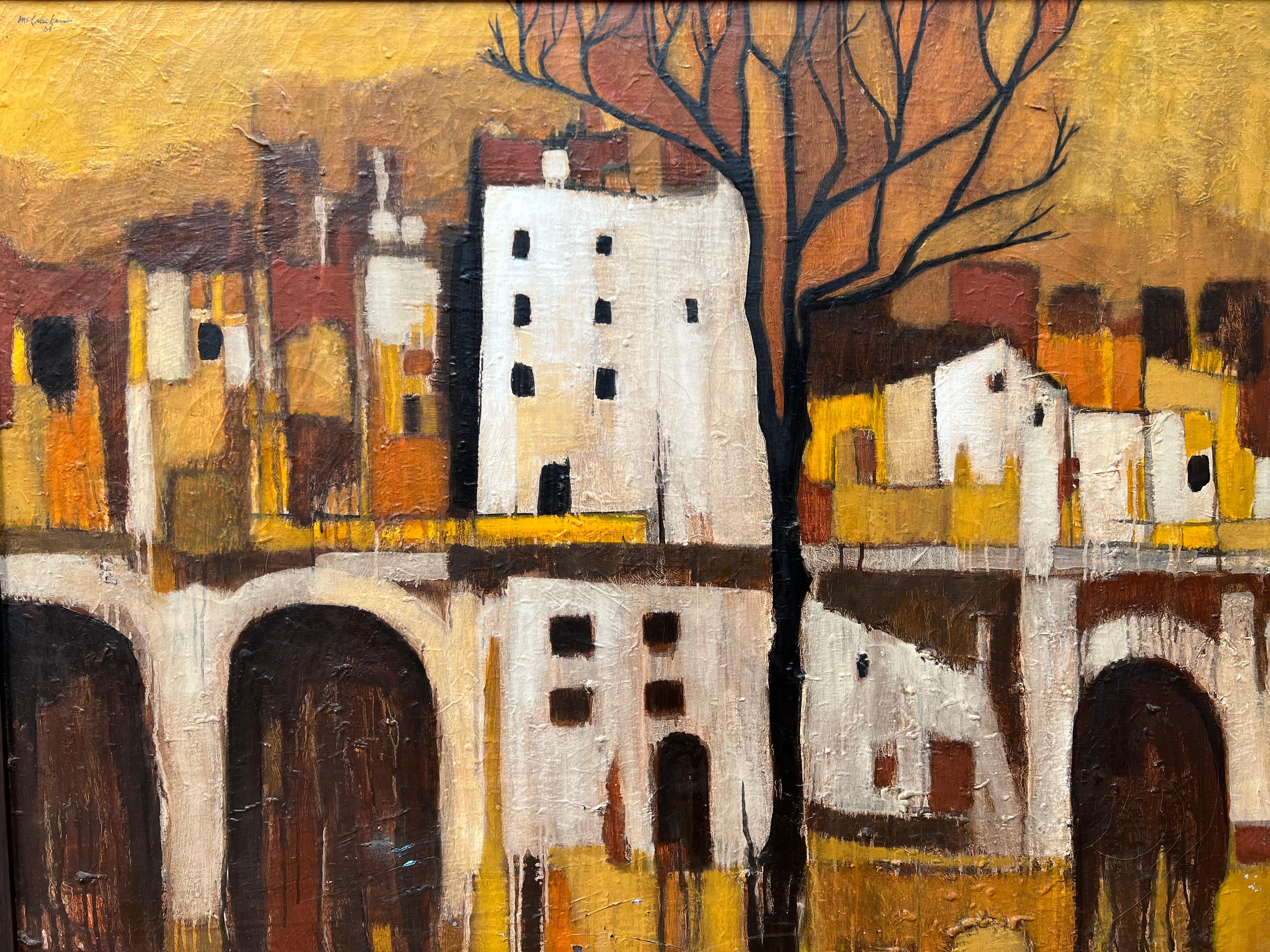 Le village d'Arno par la rivière - Peinture à l'huile de Bruce McCracken en vente 2