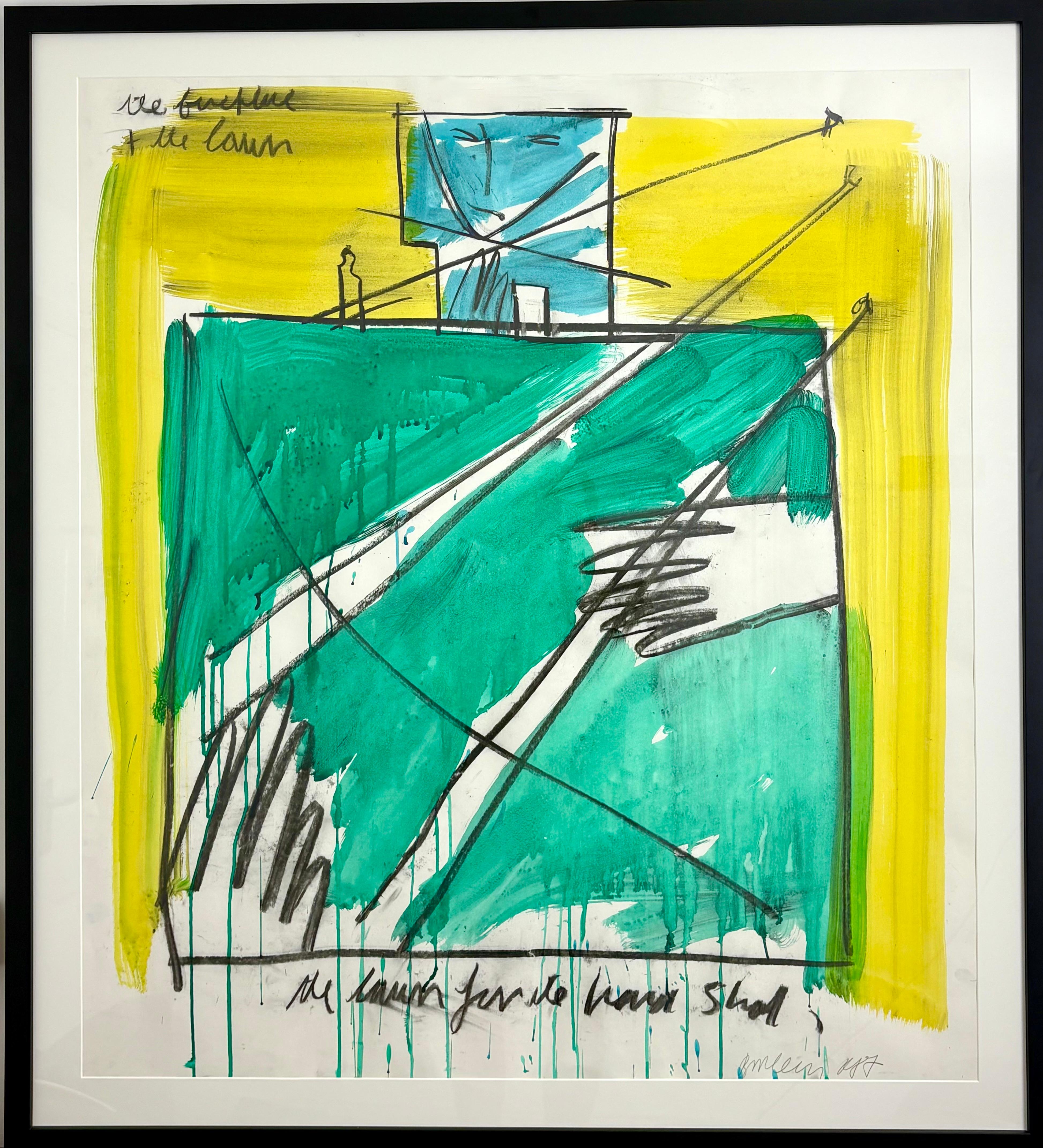 Bruce McLean (Brite, geb. 1944) The Fireplace and the Lawn . Acryl und Tinte auf Papier Signiert und datiert 1987 (unten rechts), betitelt (oben links) 111 x 99cm (43½ x 38¾ in.). Rahmengröße 130 cmx 117cm. Provenienz: Galerie Gmyrek, Düsseldorf