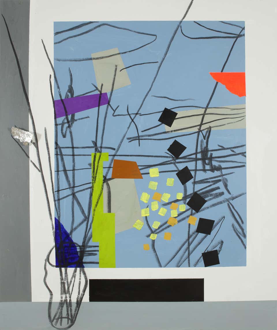 Twig Arrangement in front of Garden Arrangement - Grey blue