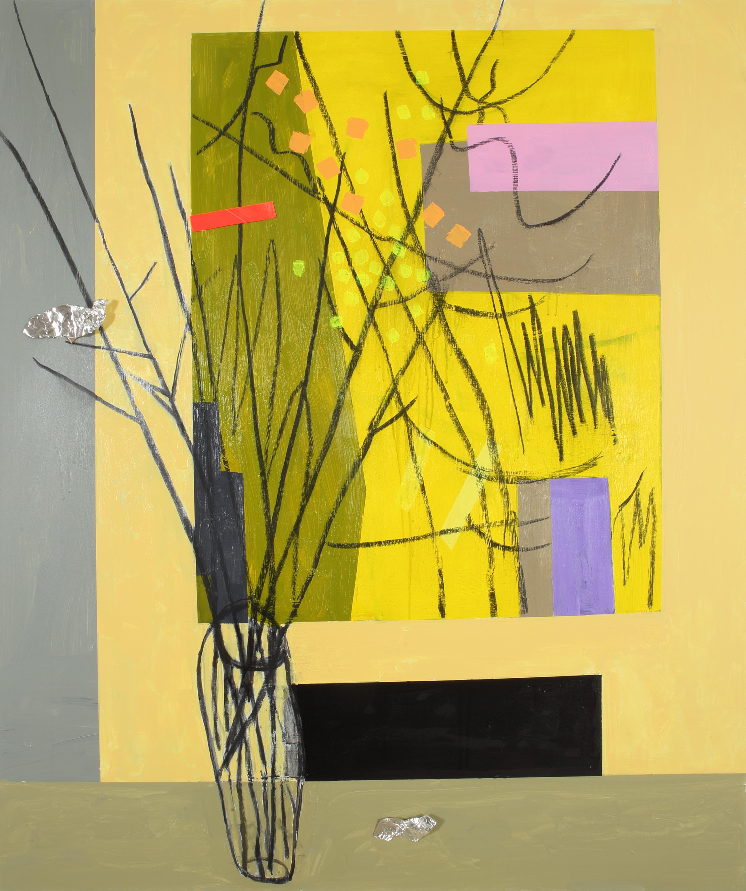 Bruce McLean Interior Painting - Twig Arrangement in front of Garden Arrangement - Yellow, beige wall