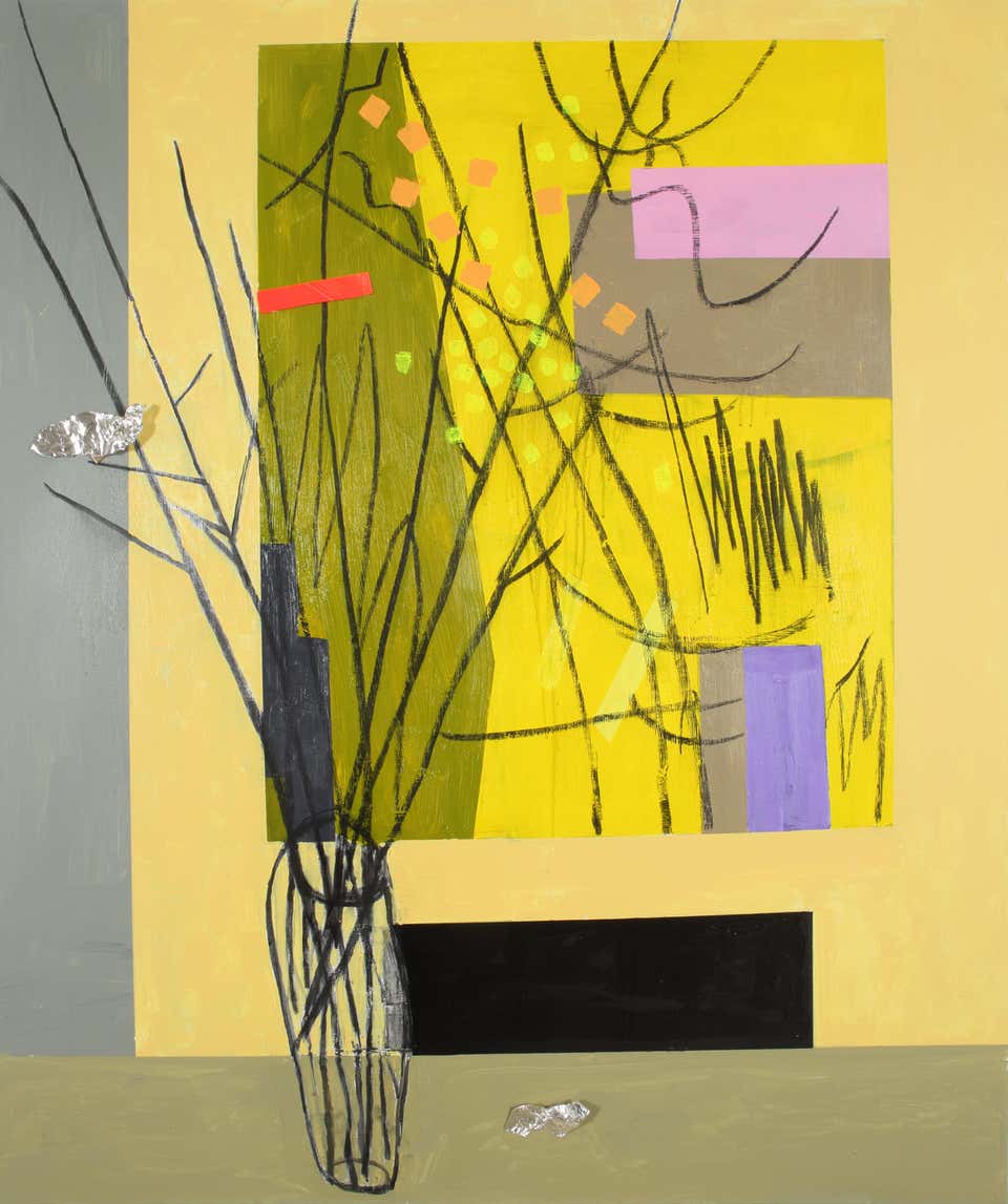 Twig Arrangement in front of Garden Arrangement - Yellow, beige wall