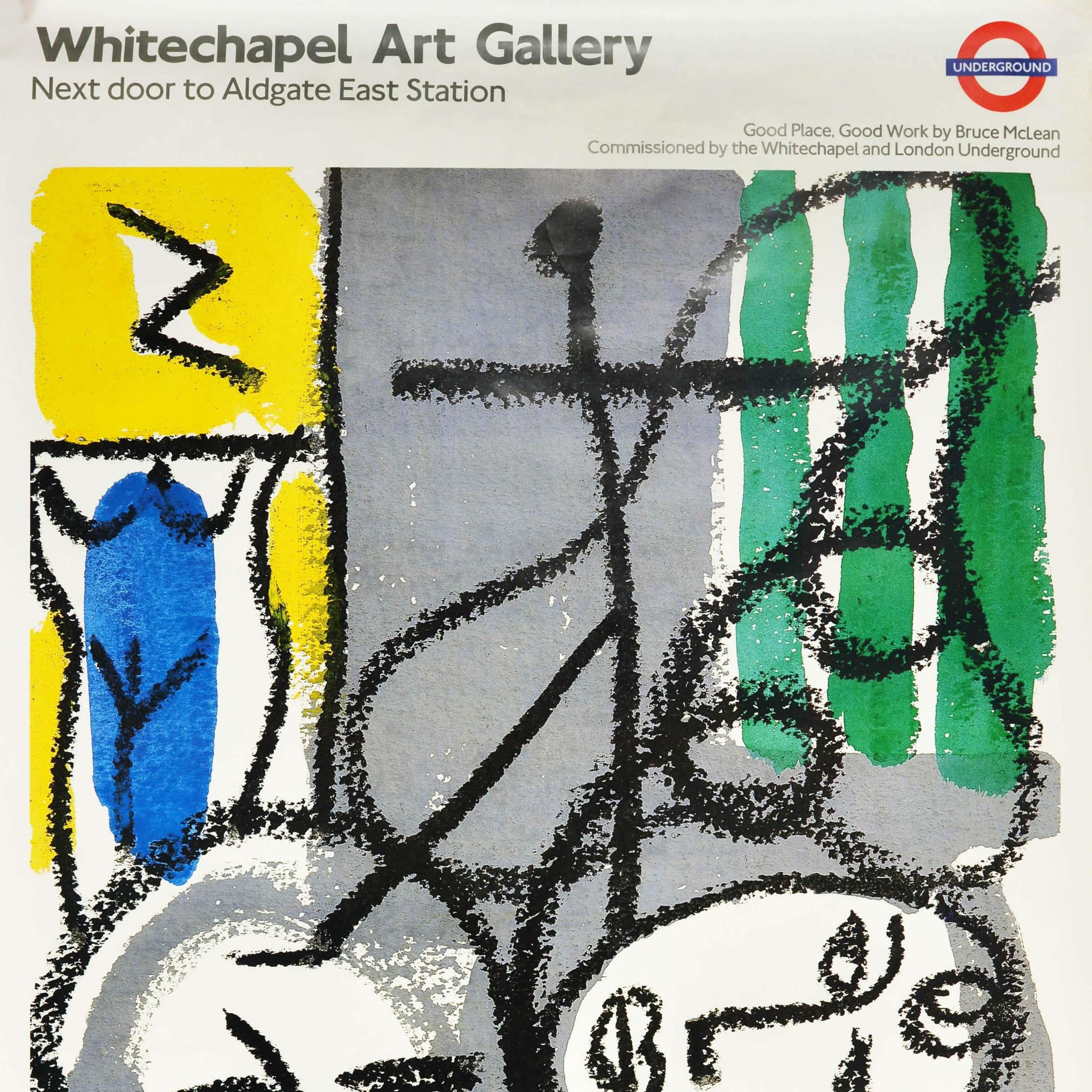 Original vintage London Underground poster - Whitechapel Art Gallery next door to Aldgate East station - featuring an abstract design by the Scottish sculptor and painter Bruce McLean (b 1944) depicting faces, one smoking a pipe and the other face