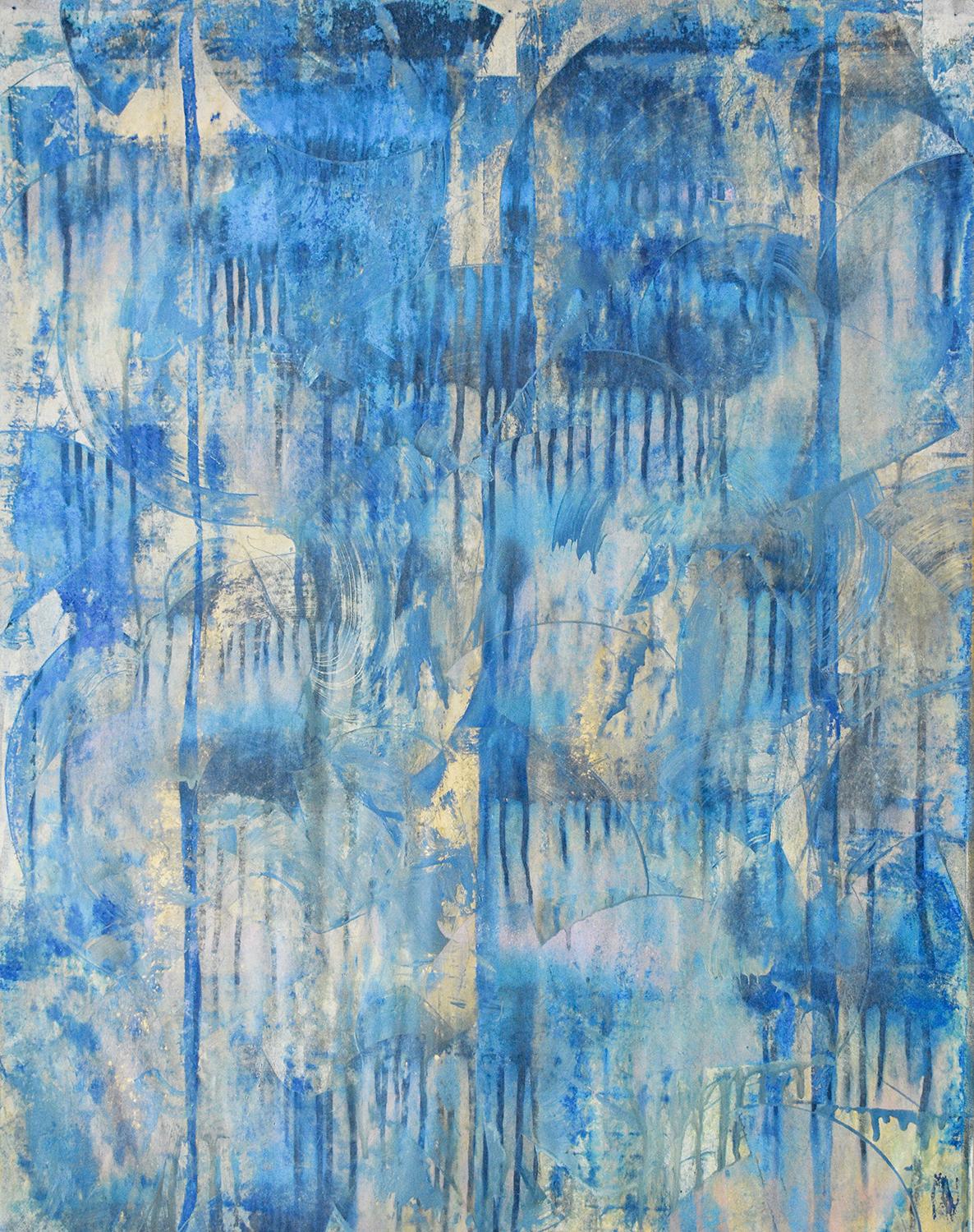 Unsolving of Illusion (peinture expressionniste abstraite en bleu et or clair)