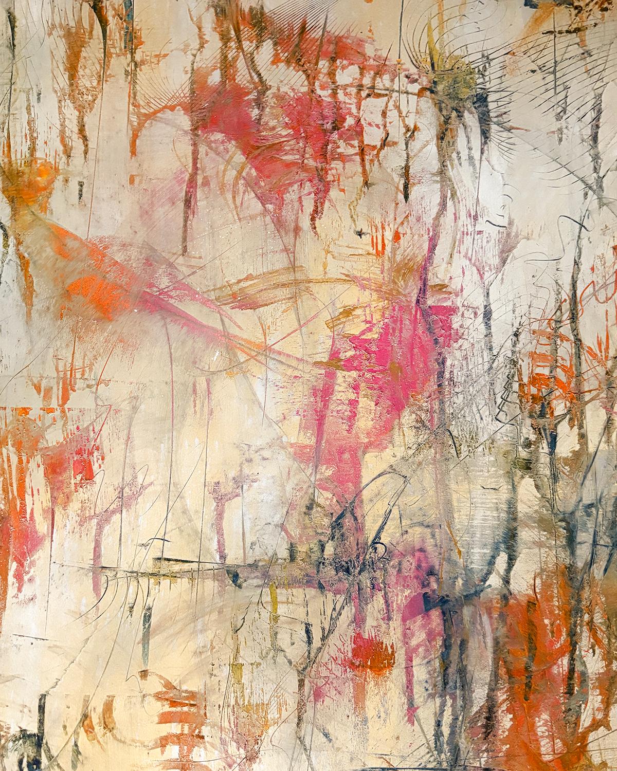 Ein primitives Piktogramm (abstraktes Gemälde in metallischem Gold und mit Farbspritzern) (Abstrakt), Art, von Bruce Murphy