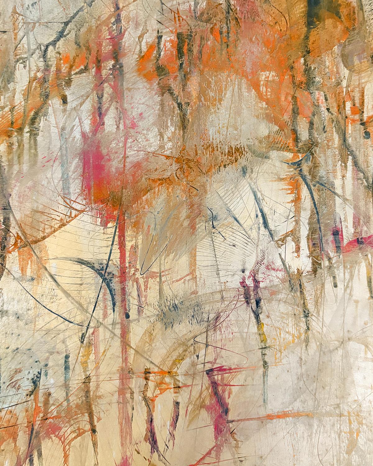Ein primitives Piktogramm (abstrakte Malerei in Metallic-Gold und Farbspritzern), 2021 von Bruce Murphy
38 x 38 cm, ungerahmt, Emaillefarbe auf Archivierungspapier
Signiert, verso

Dieses gestische abstrakte expressionistische Gemälde auf Leinwand