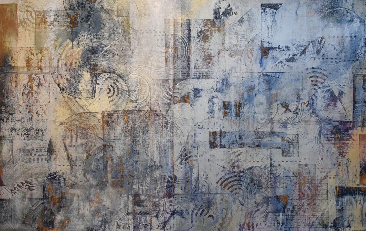 Bruce Murphy Abstract Drawing - A Wind Behind the Cloud (Abstract Expressionist Painting in Blue, Gold & Gray)