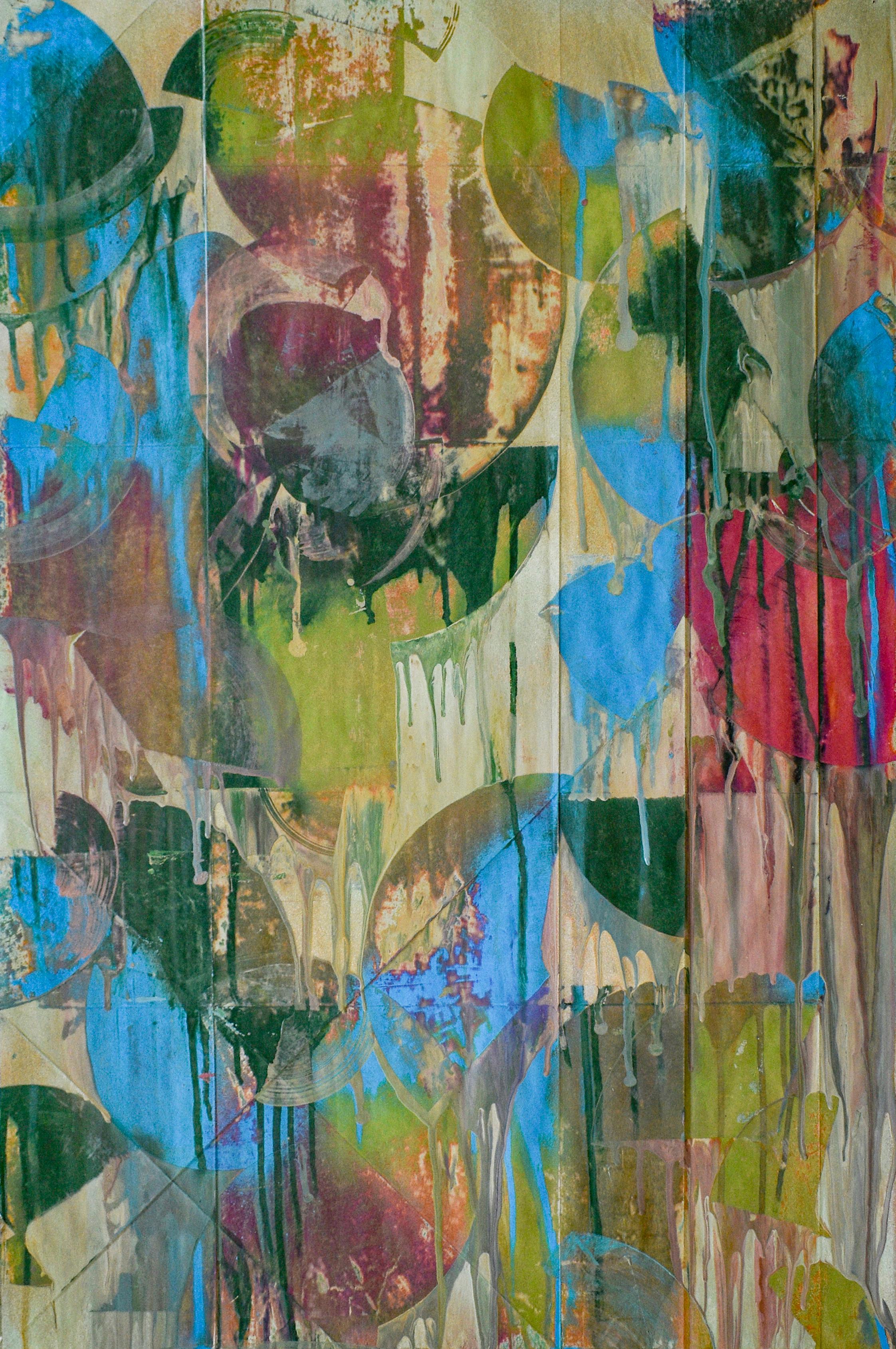 An Orgy of Delight (Abstraktives expressionistisches Gemälde in Grün, Blau und Fuschia)