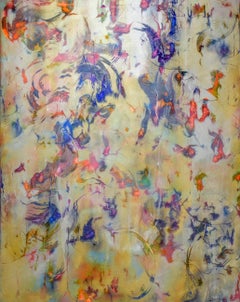 Birds Fly in Air (Abstract Expressionist Painting in Blue, Gold & Pink)