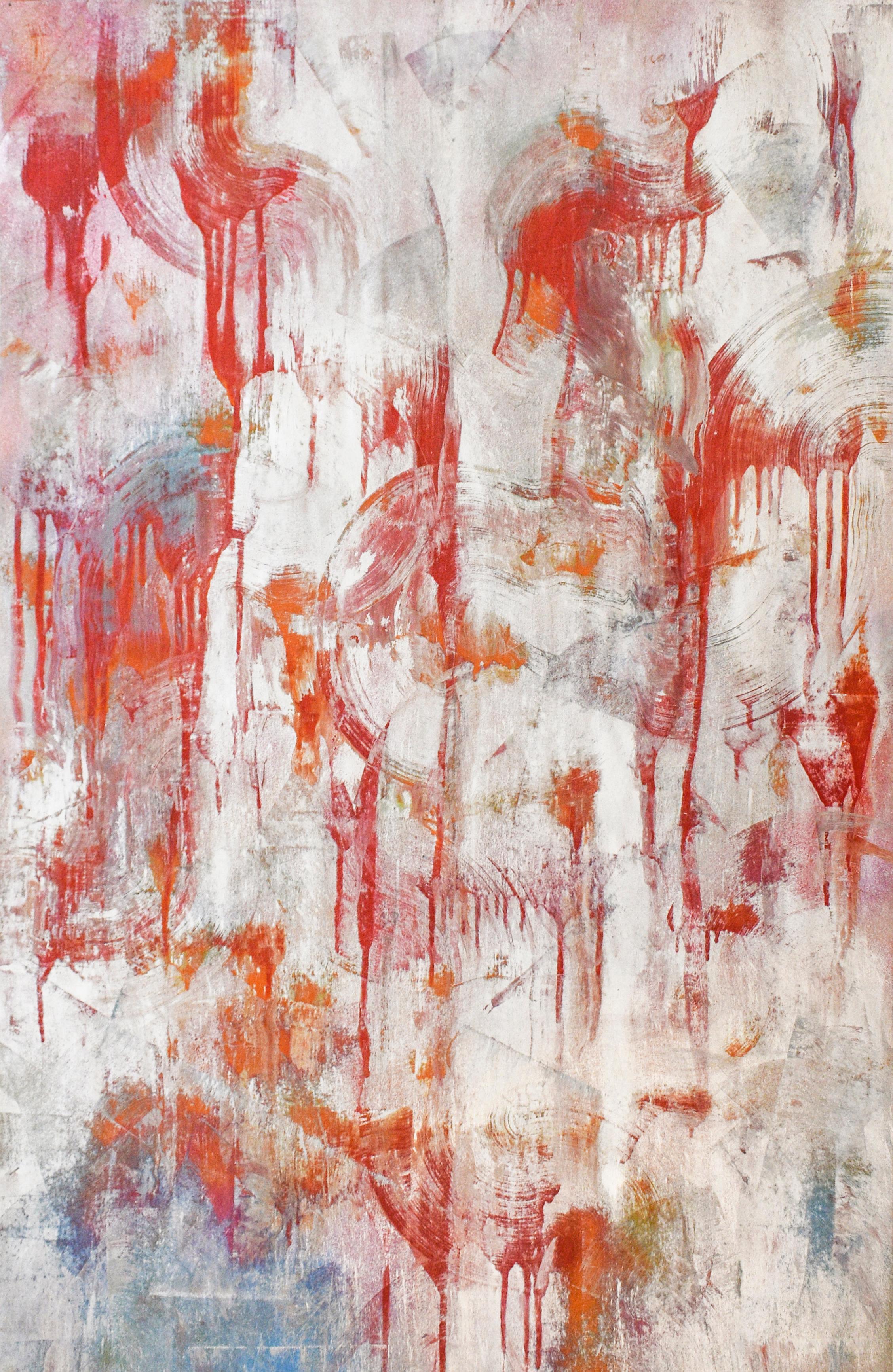 Abstract Drawing Bruce Murphy - Deep in the Recesses (peinture expressionniste abstraite en argent, orange, rouge et bleu)