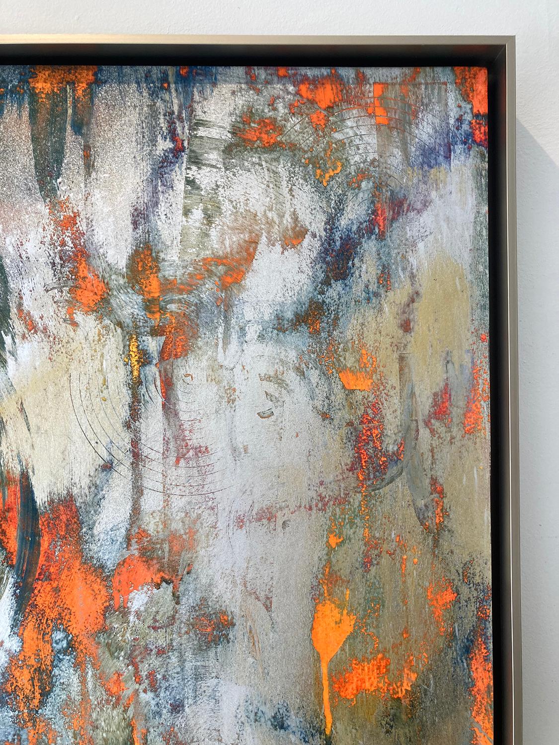 Gestural abstract expressionist painting on archival paper mounted to panel with gold and silver metallic powders and accents of orange and deep blue
